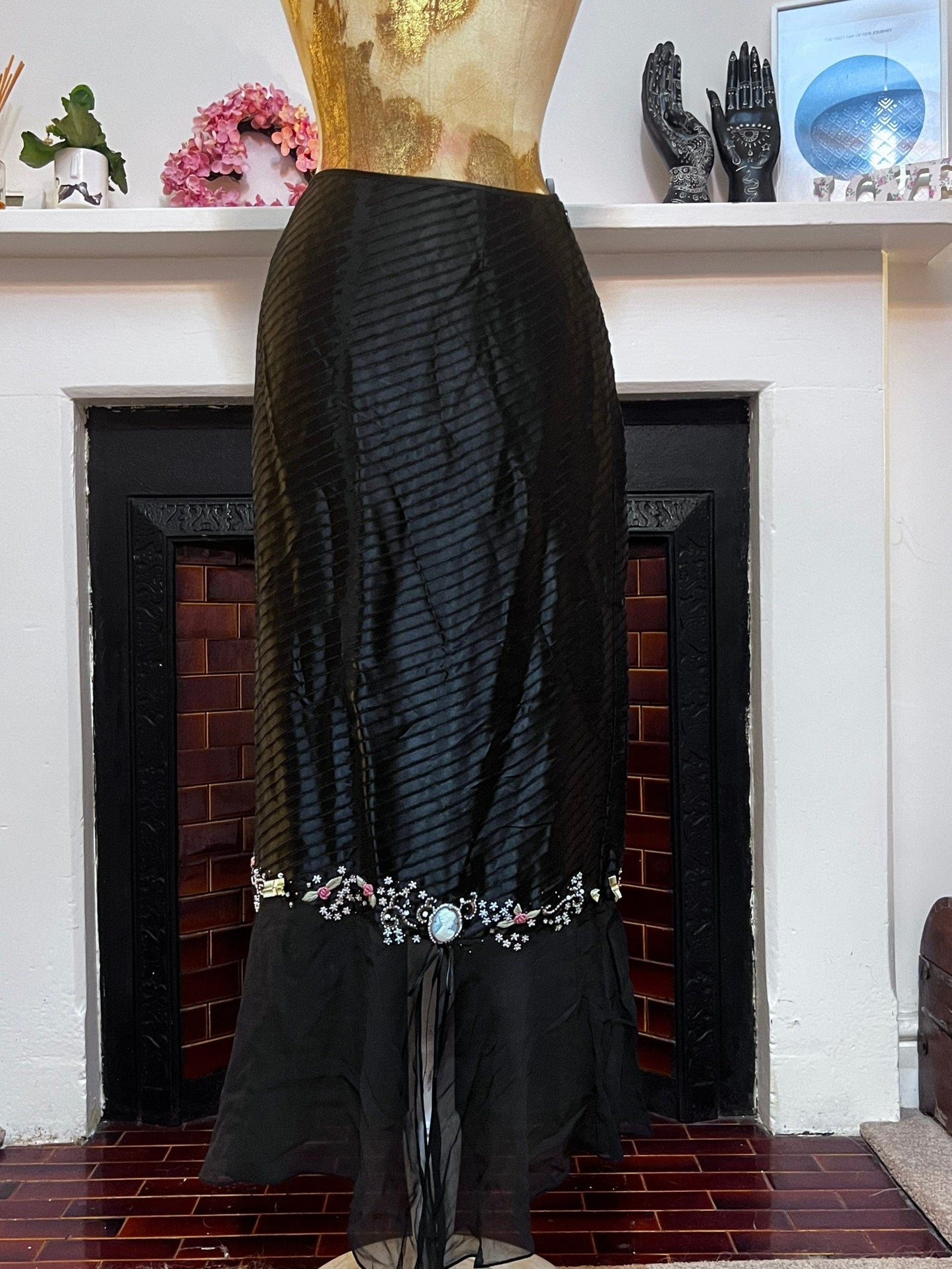 Vintage Black Skirt Silk Viscose Victorian Style Skirt - Press & Bastyan Chiffon over layer skirt UK12 Black with floral beaded detail layer