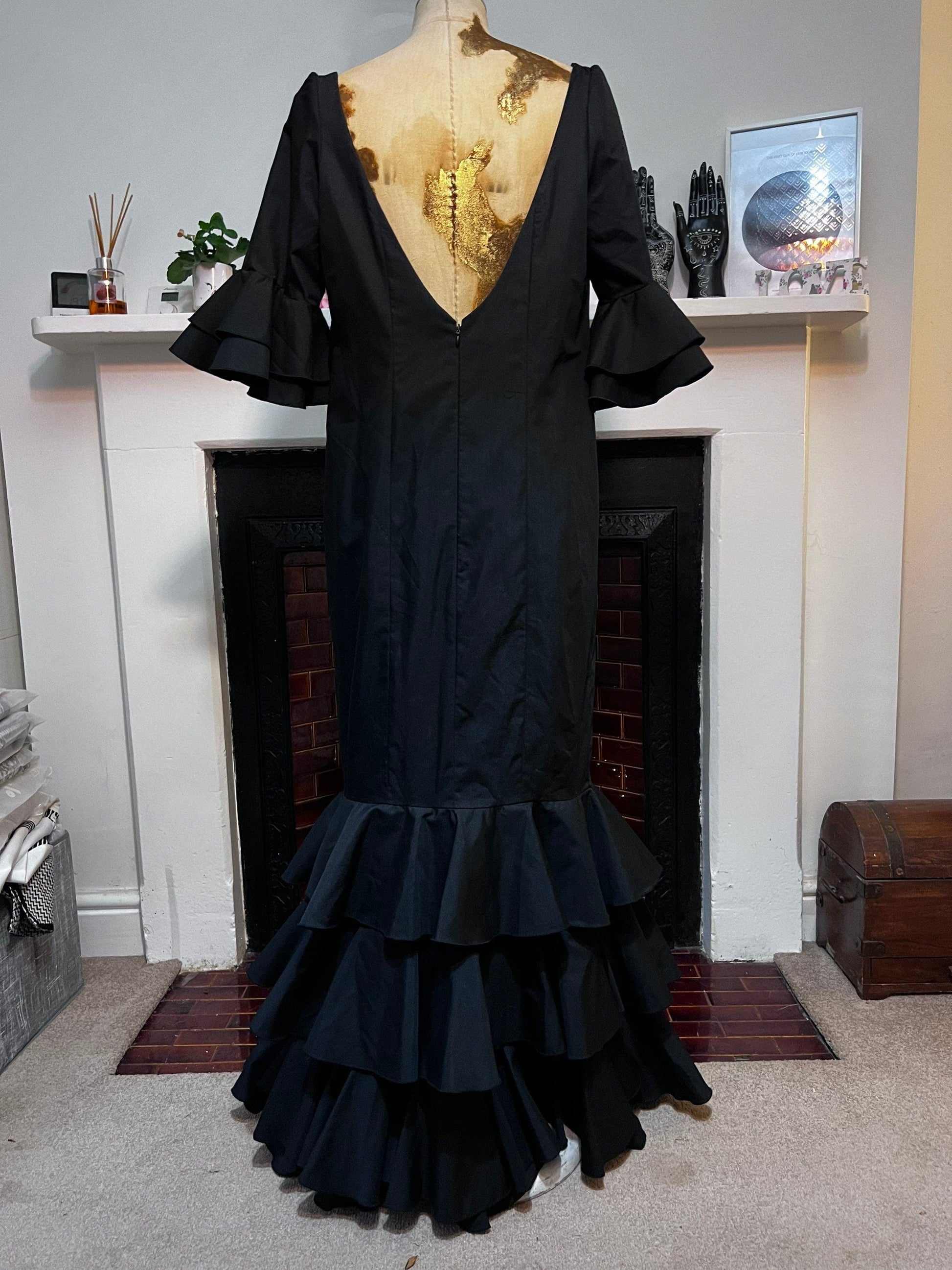 Vintage Black Spanish Dress - Hand Made Vintage Dress in a flamenco style with ruffles to sleeves and hem - Black Cotton Ball Gown