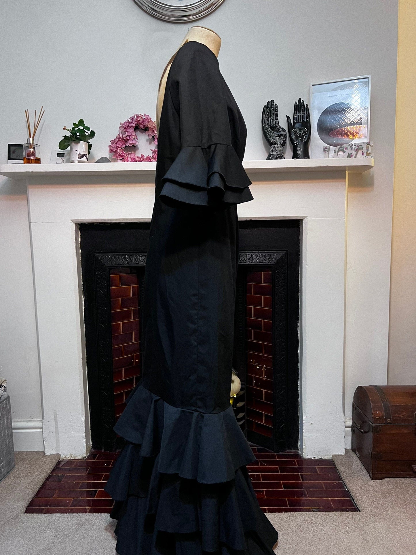Vintage Black Spanish Dress - Hand Made Vintage Dress in a flamenco style with ruffles to sleeves and hem - Black Cotton Ball Gown