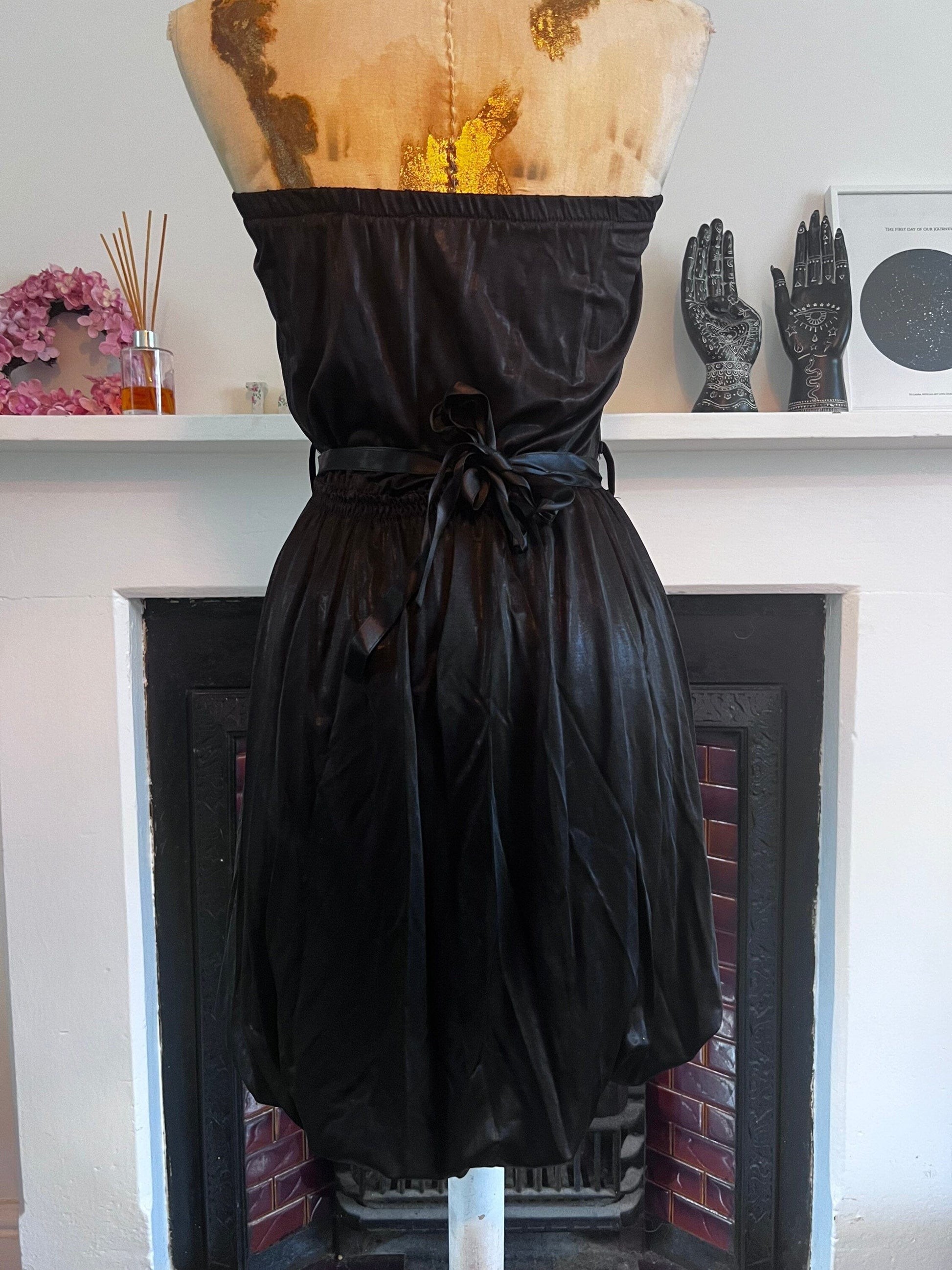 Vintage Black Stretch Satin Minidress with Ribbon waistband- sequin to top edge - curled ribbon belt elasticated waistband M