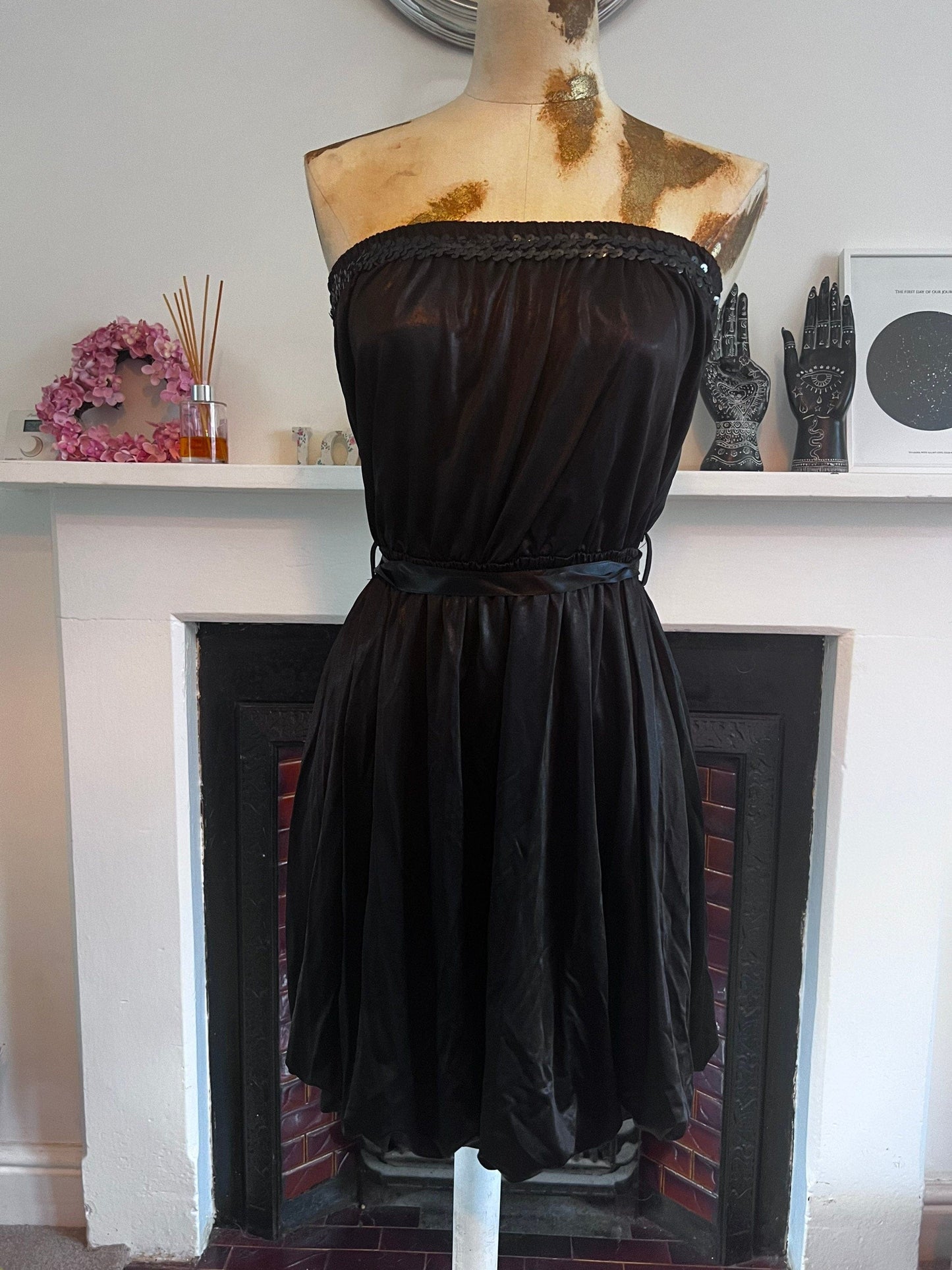 Vintage Black Stretch Satin Minidress with Ribbon waistband- sequin to top edge - curled ribbon belt elasticated waistband M