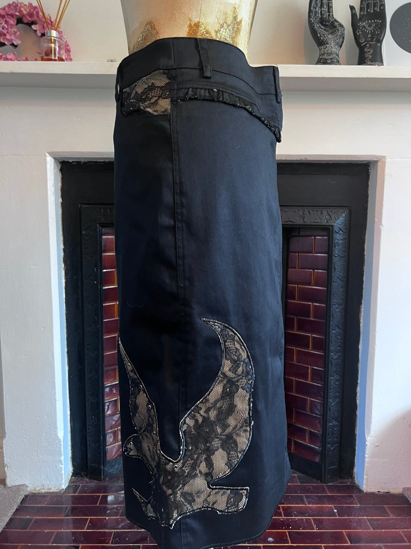 Vintage Black Western Style Skirt - Lace Details - A-Line Black Skirt 90s Black Stretch Skirt - Sharagano UK12