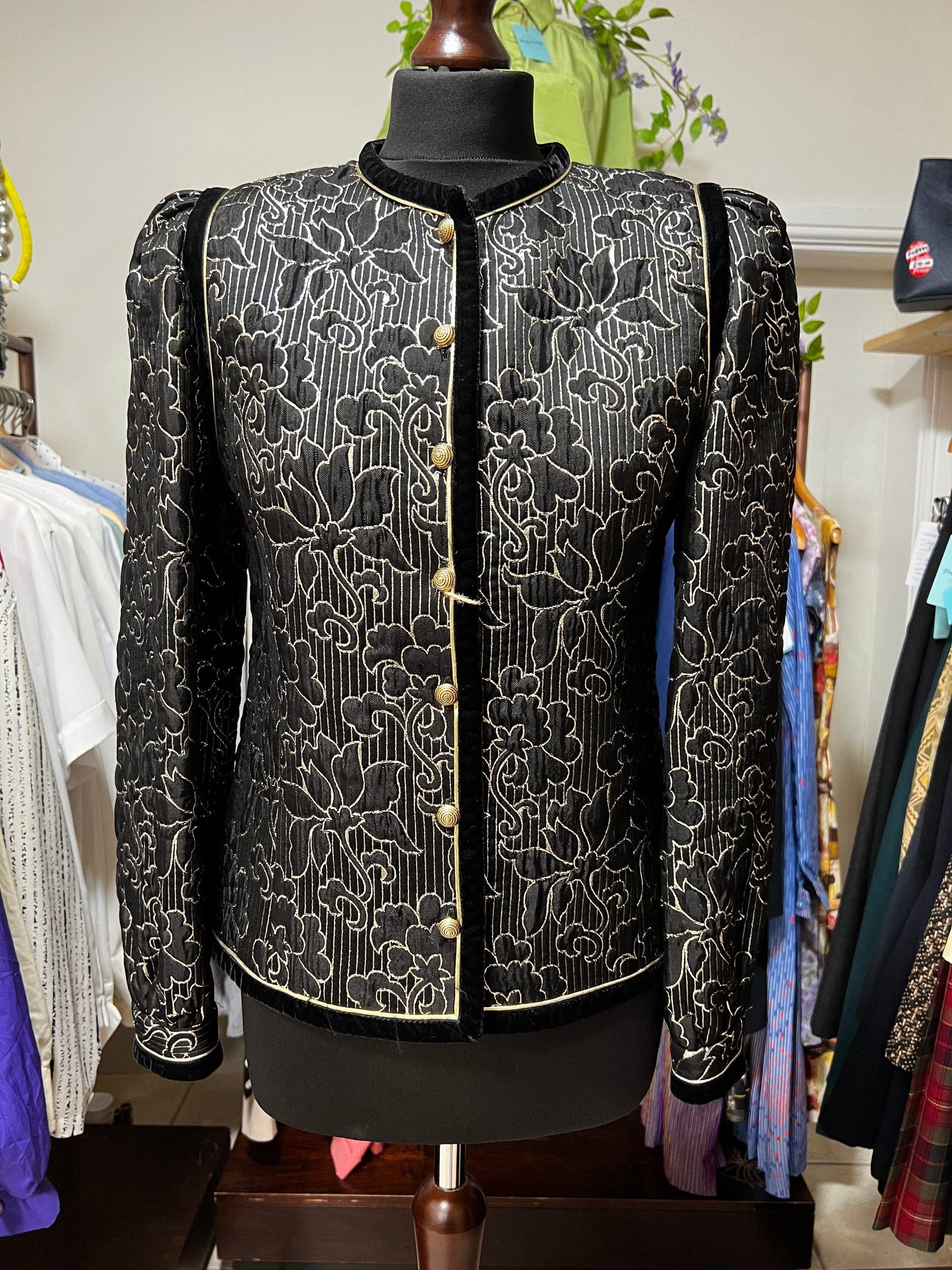 Vintage Hardy Amies Blazer Evening Jacket Floral Print - Velvet Trim Embroidery - gold Buttons and Silver thread embroidered flowers