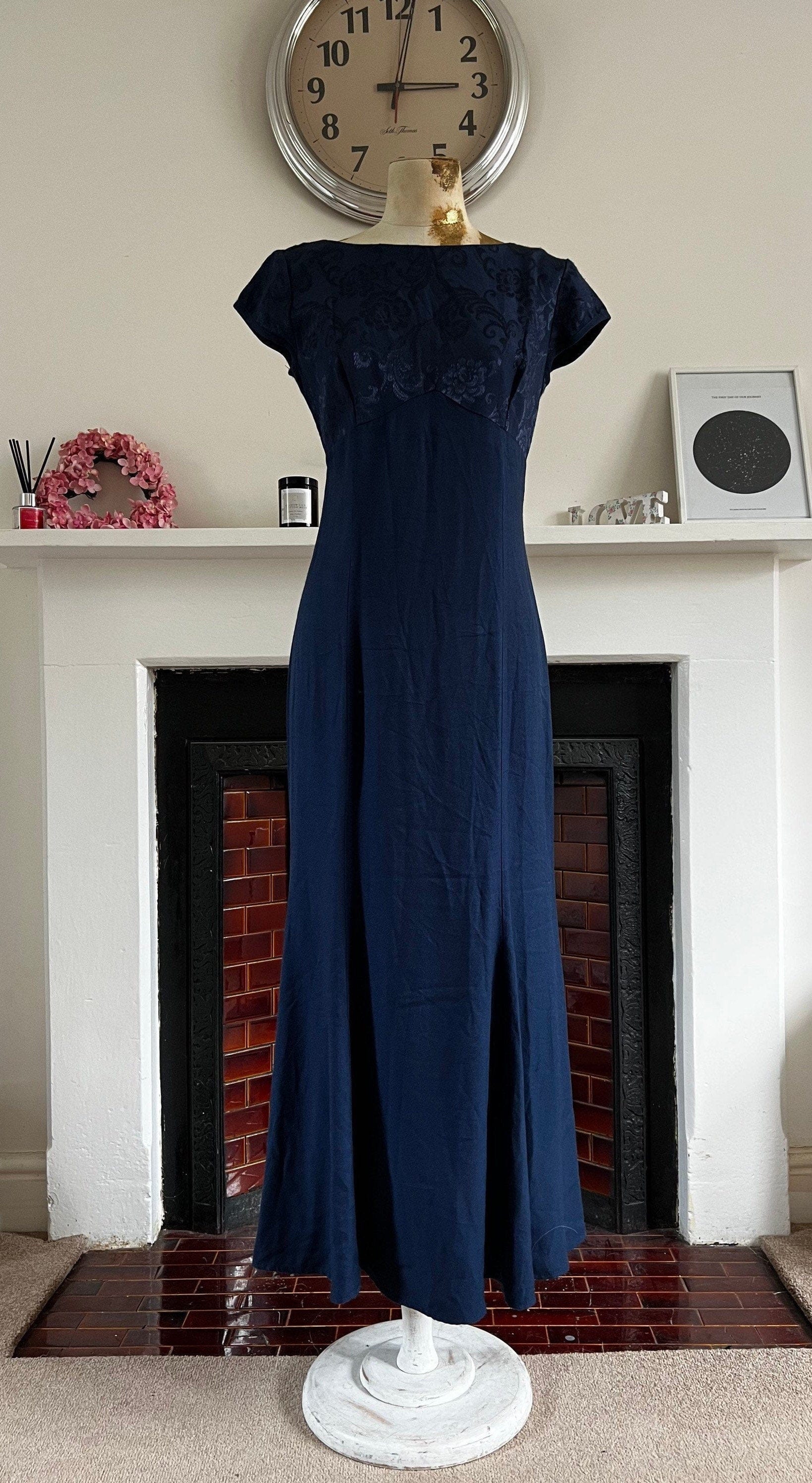 Vintage Blue Midi Day Dress Dark Blue Floral UK Size 8-10