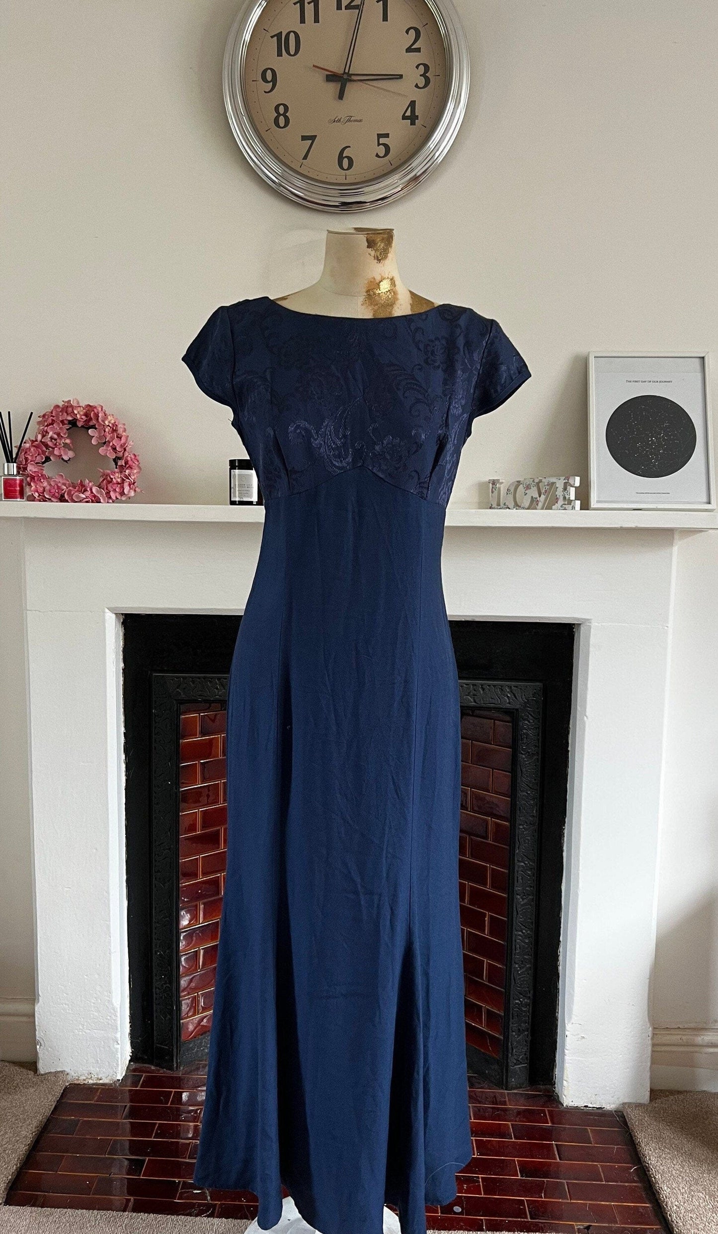 Vintage Blue Midi Day Dress Dark Blue Floral UK Size 8-10