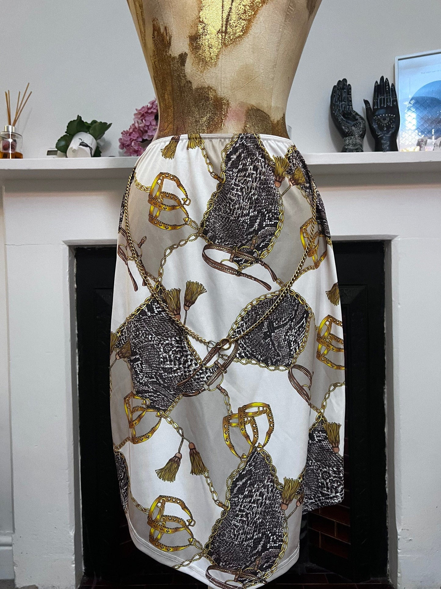 Vintage Chain Scarf Print Stretch Skirt - Vintage Miss Selfridge Leopard Chain Scarf Print Skirt UK12