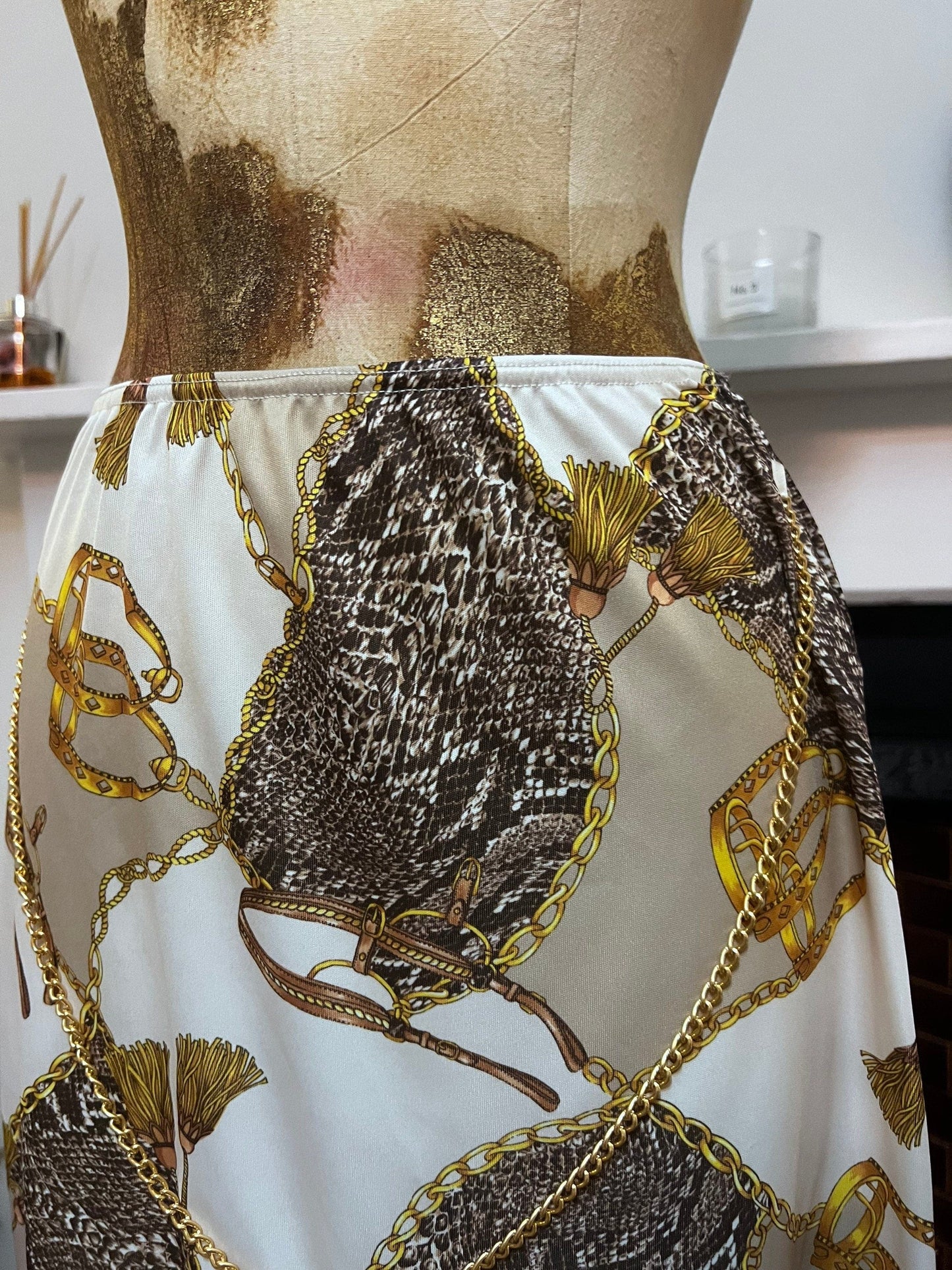Vintage Chain Scarf Print Stretch Skirt - Vintage Miss Selfridge Leopard Chain Scarf Print Skirt UK12