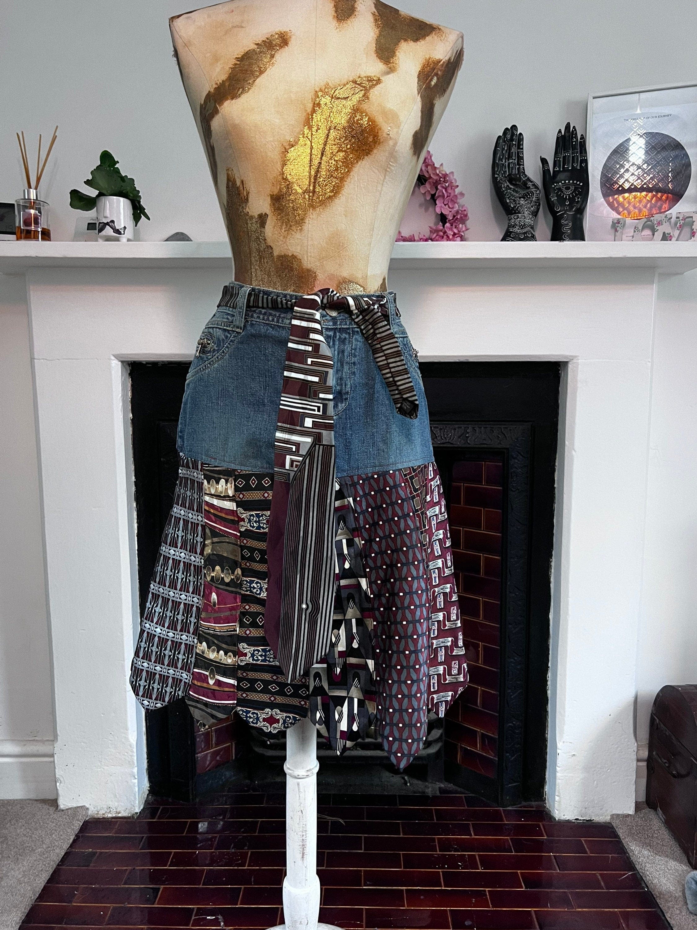 Vintage Denim Neck Tie Skirt A Line Green Denim Skirt 80s Denim
