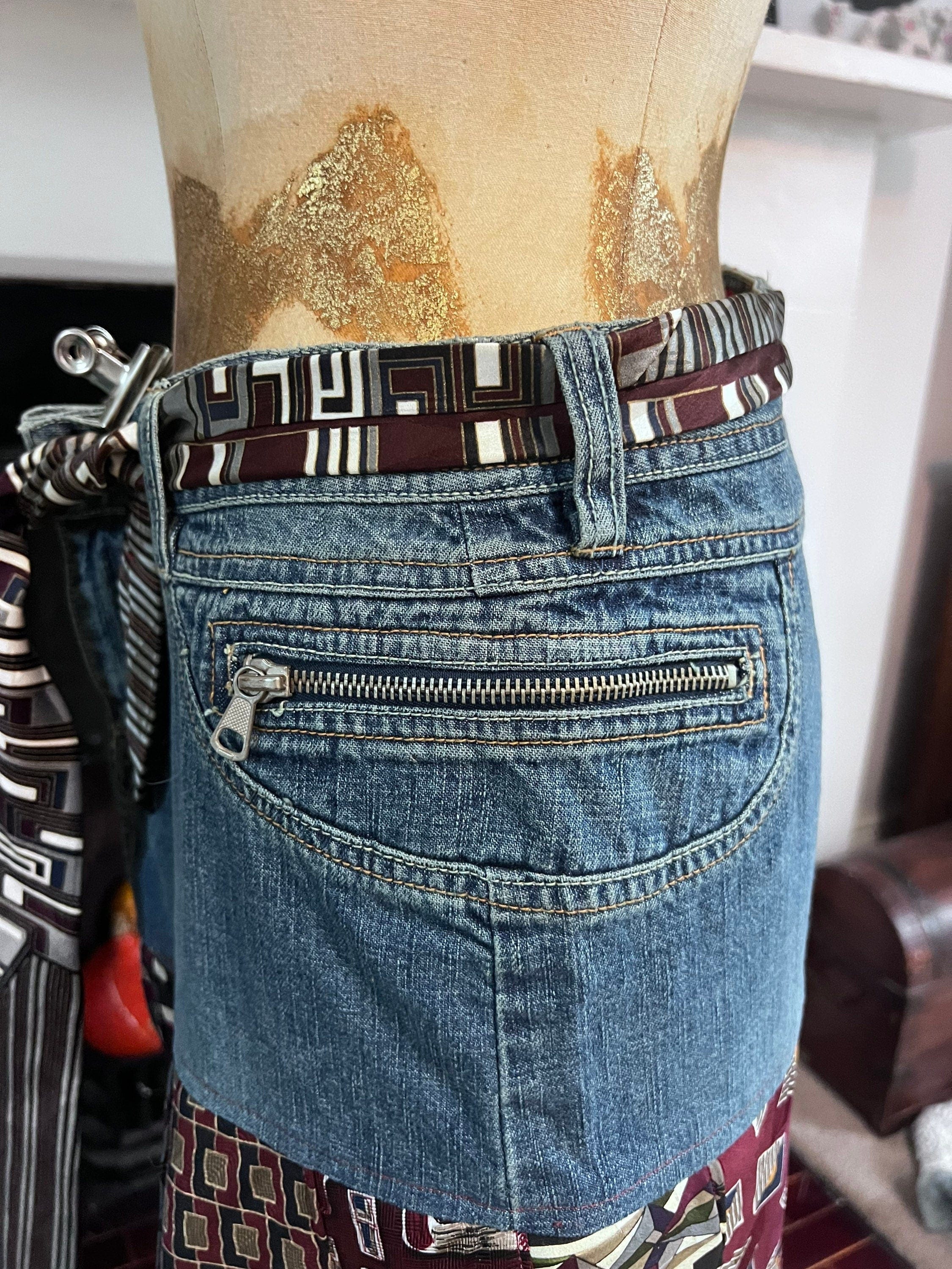 Vintage Denim Neck Tie Skirt A Line Green Denim Skirt 80s Denim