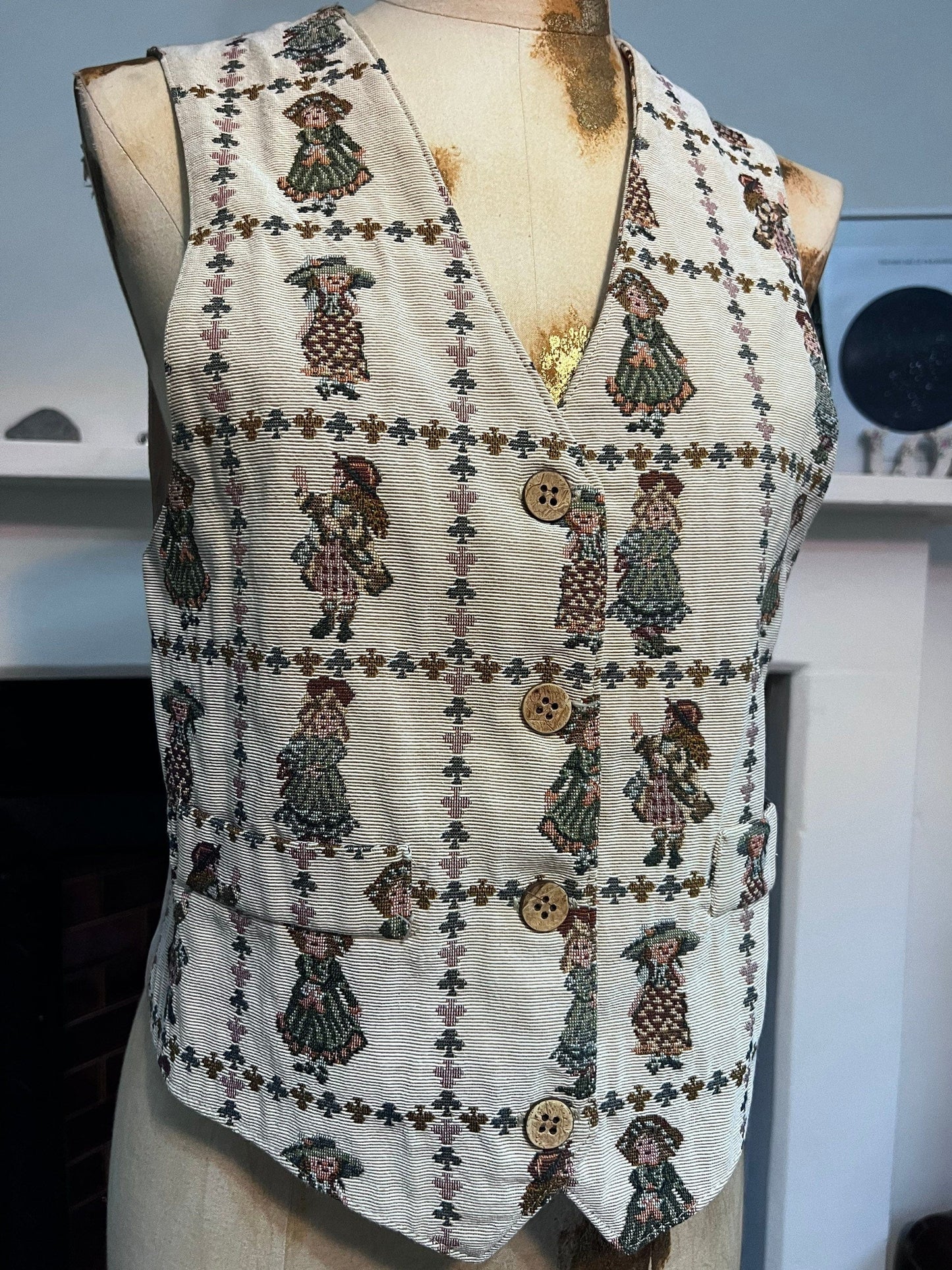 Vintage Embroidered Ladies Waistcoat Vest buttons and leaves UK Size 12 by Promod 1990s