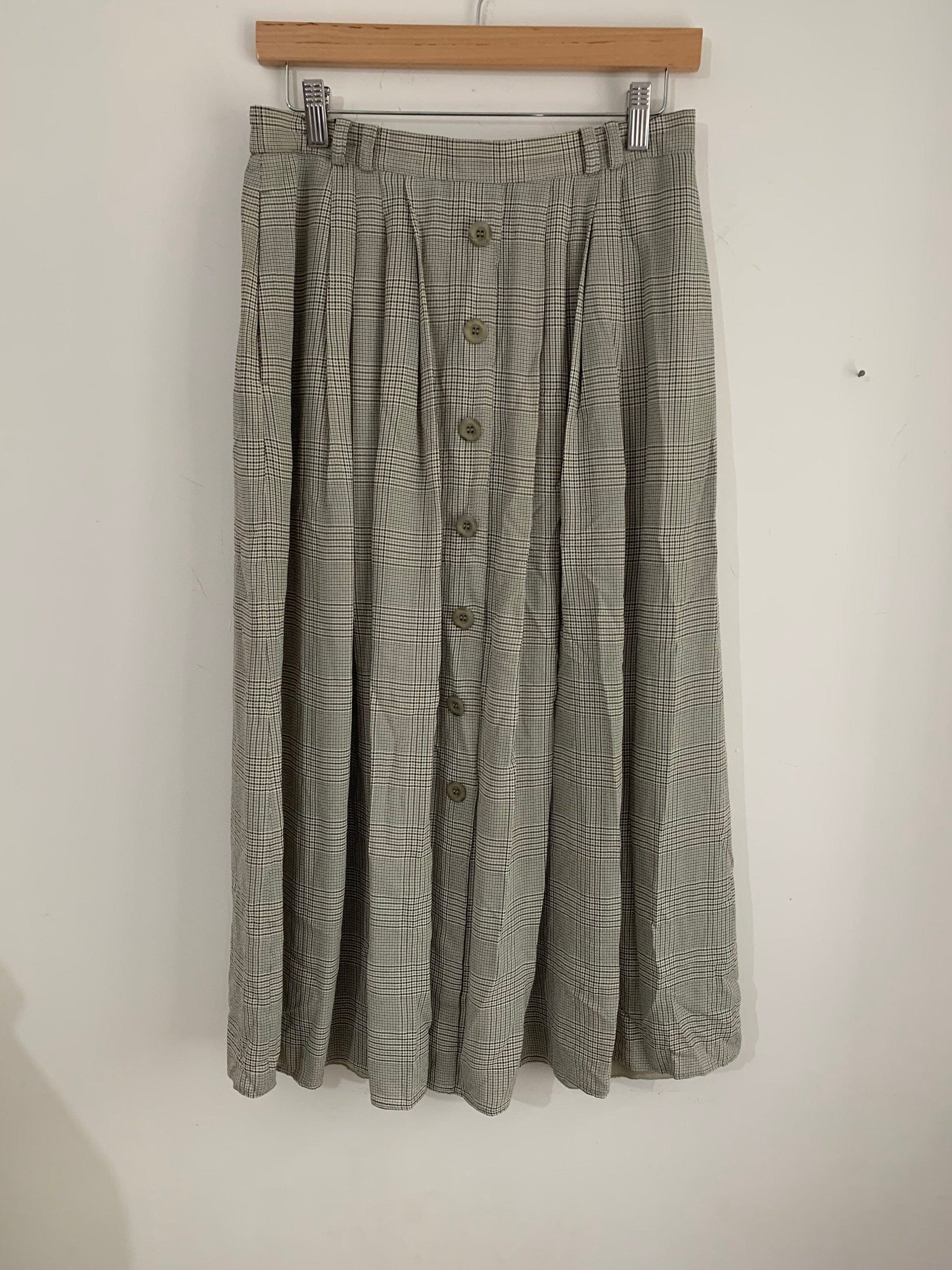 Vintage Gardeur Skirt Midi Length Grey Green Checked  UK 12/14 With pockets