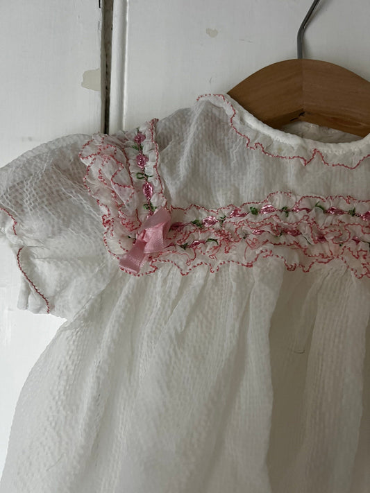 Vintage Girls Dress - white and pink terylene Dress Baby Dress age 2-3 years