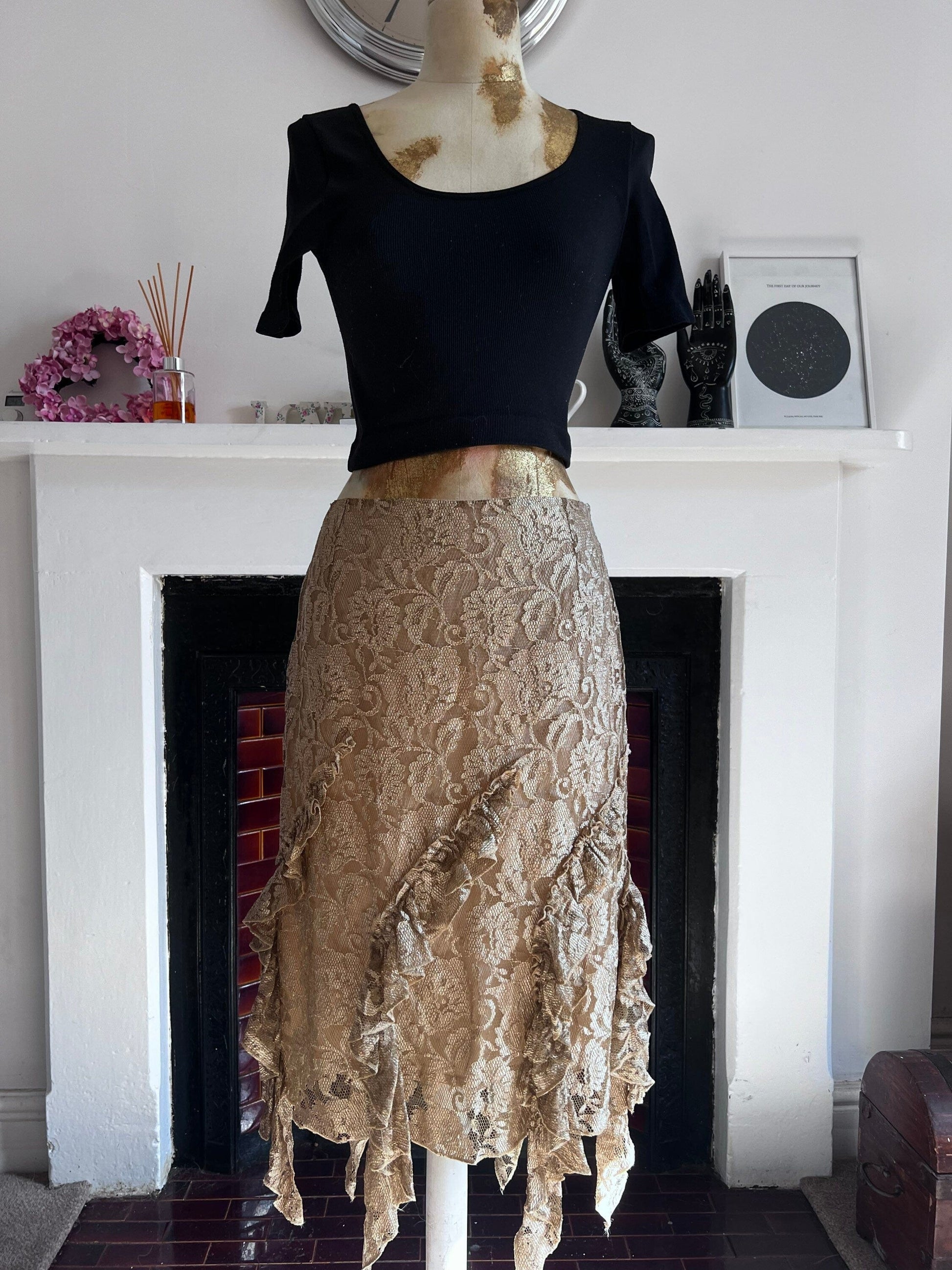 Vintage Gold Lace Evening Skirt - Karen Millen Stretch Lace UK12 Gold Stretch Lace Lined Skirt - Dipped Pixie Hem