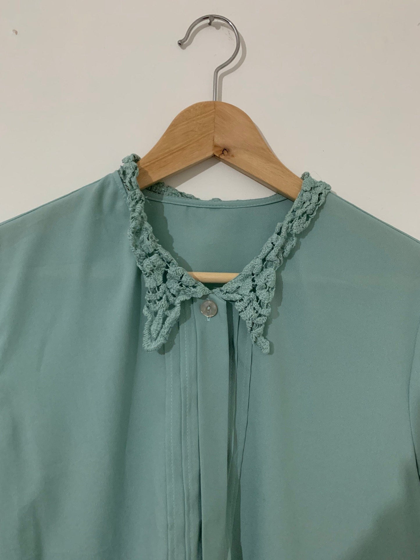 Vintage Green Blouse with Lace Collar Long Sleeves - Duck Egg Blue