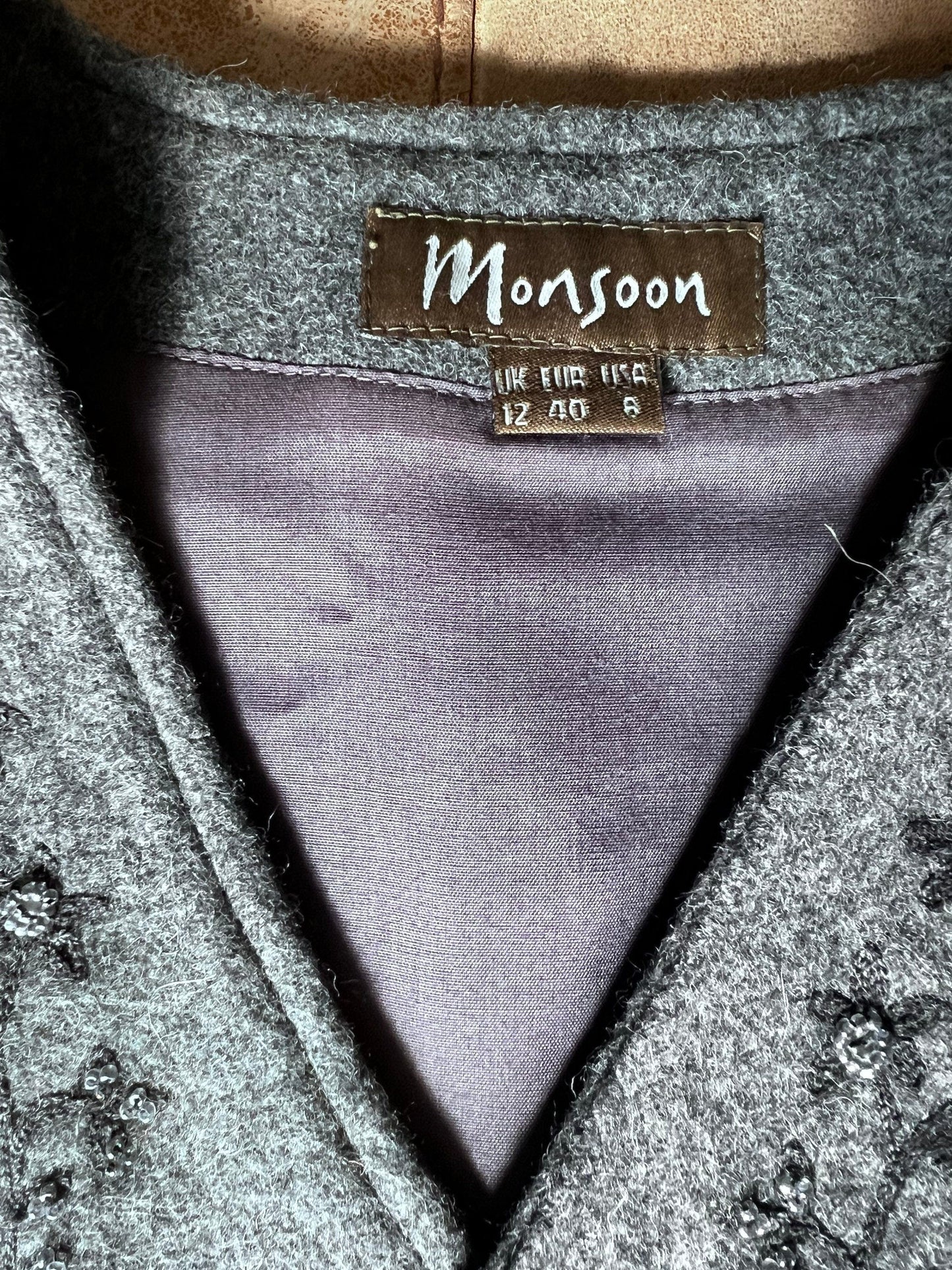 Vintage Grey wool Embroidered Vest Waistcoat- Monsoon Wool UK size 12