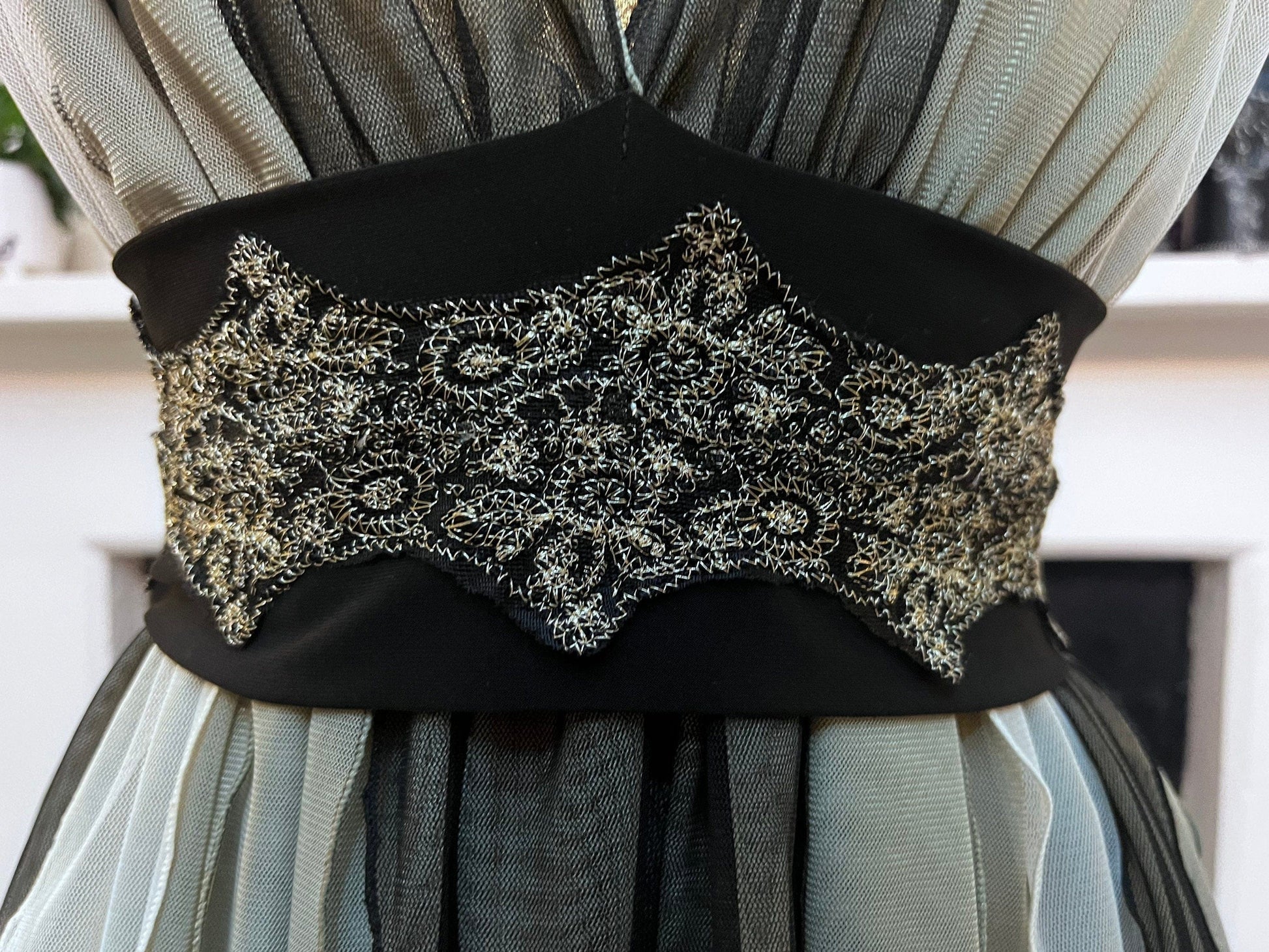 Vintage Greys & Black Deep V Party Evening Top Fine Mesh Multi Layered Fabrics with waistband detail - EUR38