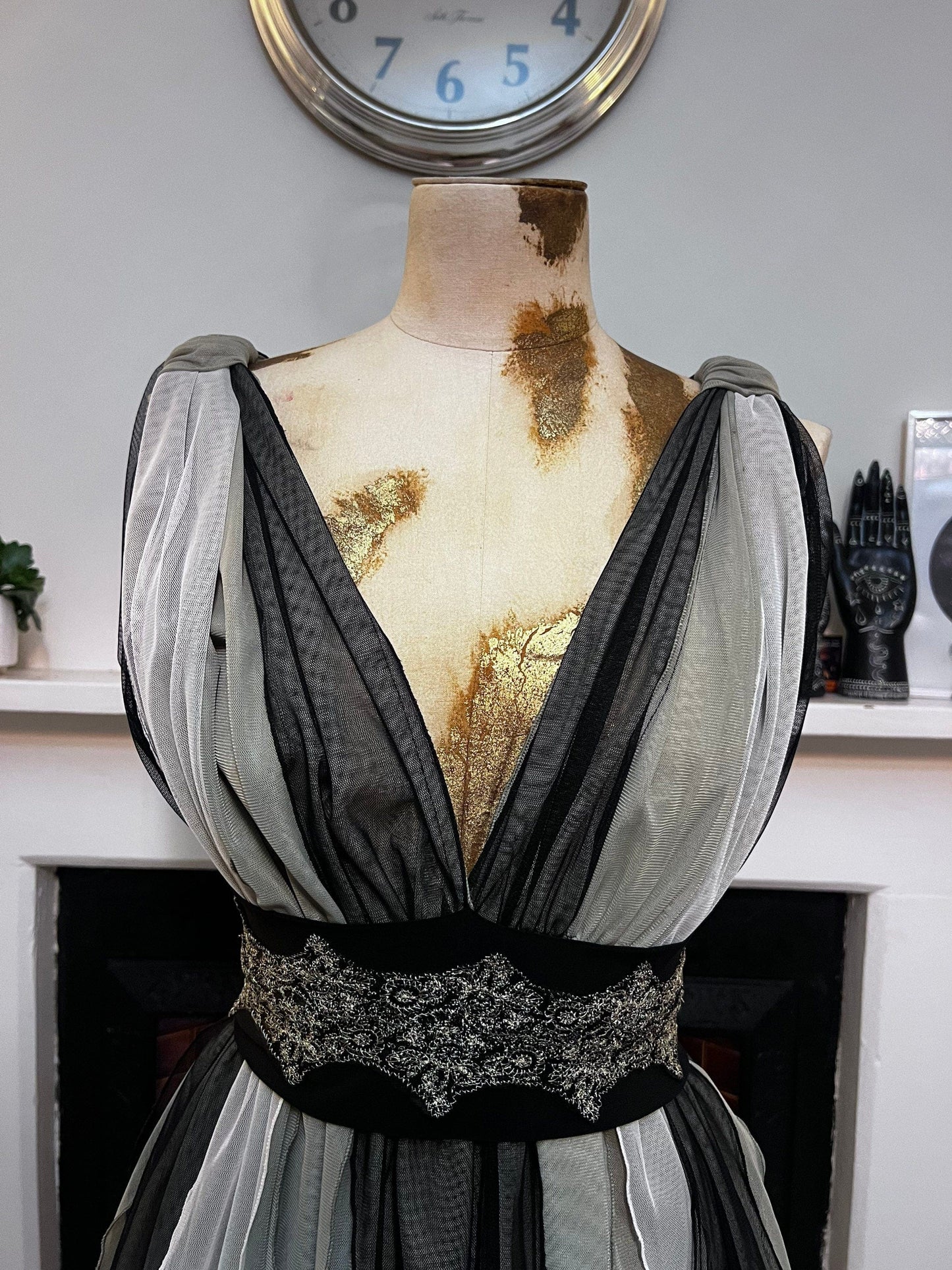 Vintage Greys & Black Deep V Party Evening Top Fine Mesh Multi Layered Fabrics with waistband detail - EUR38