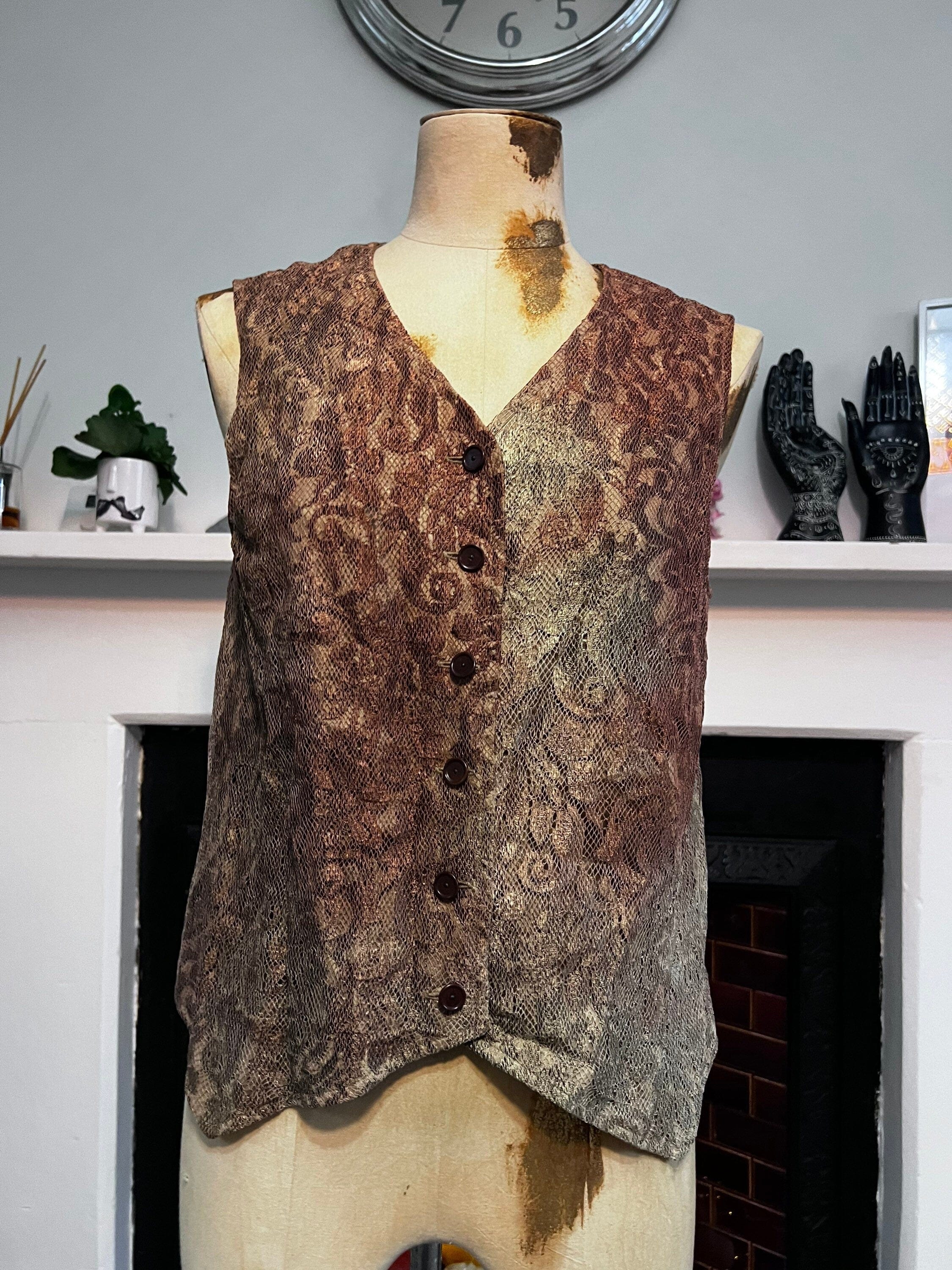 Vintage lace Ladies Waistcoat Vest green and bronze Size 12 14