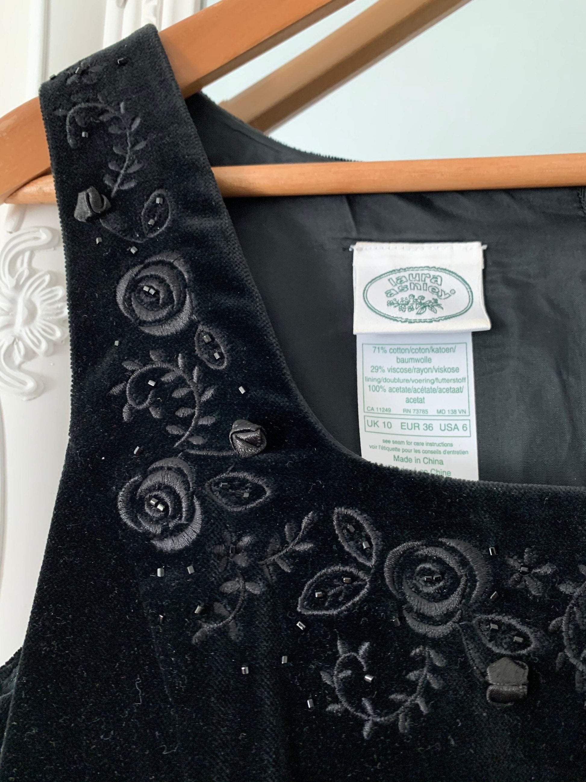 Vintage Laura Ashley Black Velvet Mini Dress - Beaded Detail immaculate as new dress - Size 10