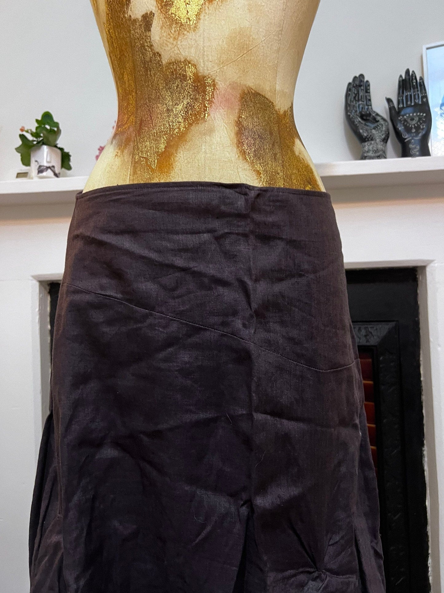Vintage Linen Brown Dip Bubble Hem Skirt Pixie Hem mid calf skirt