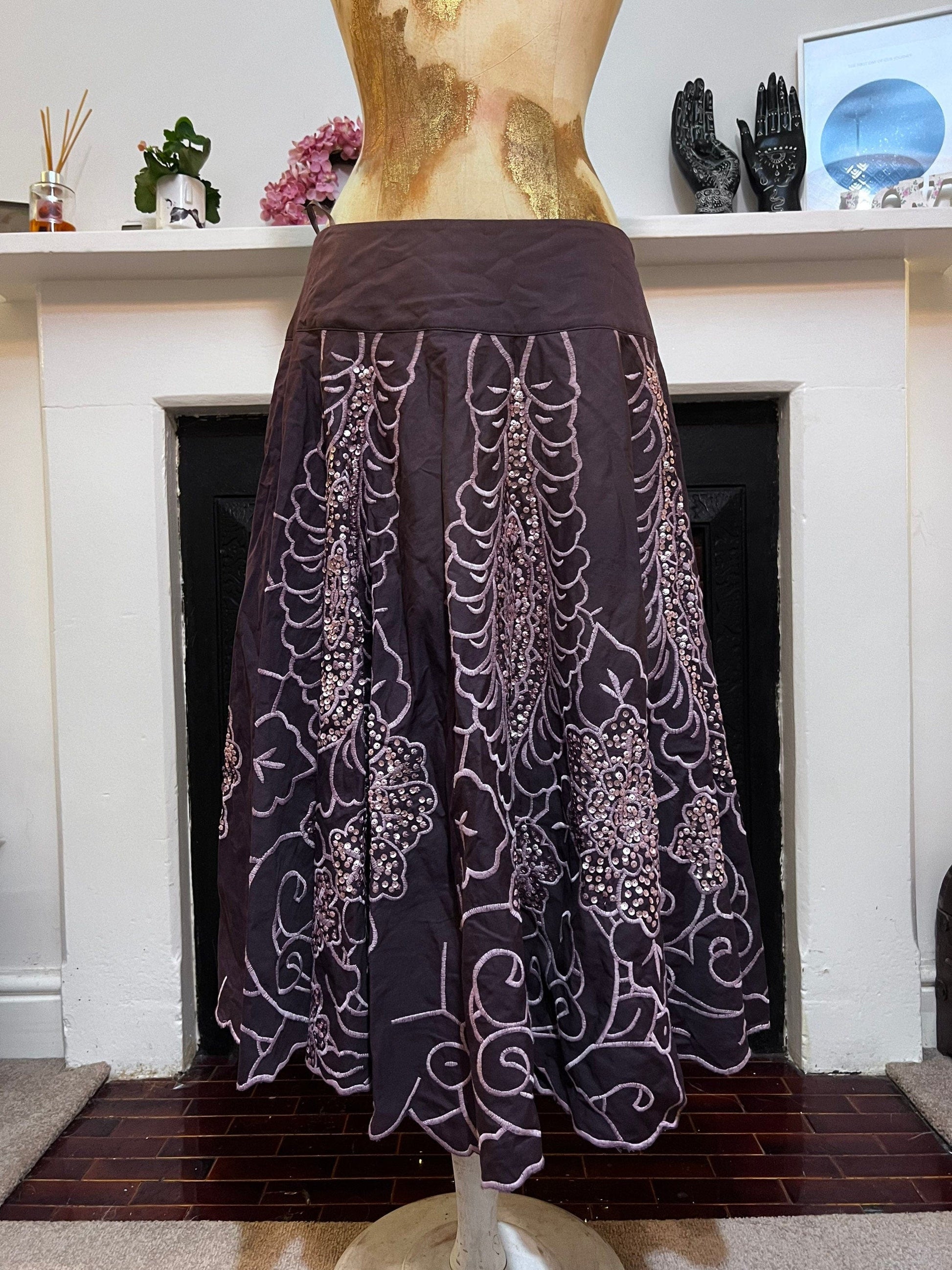Vintage Linen Brown Dip Bubble Hem Skirt Pixie Hem mid calf skirt - Vintage Monsoon UK12