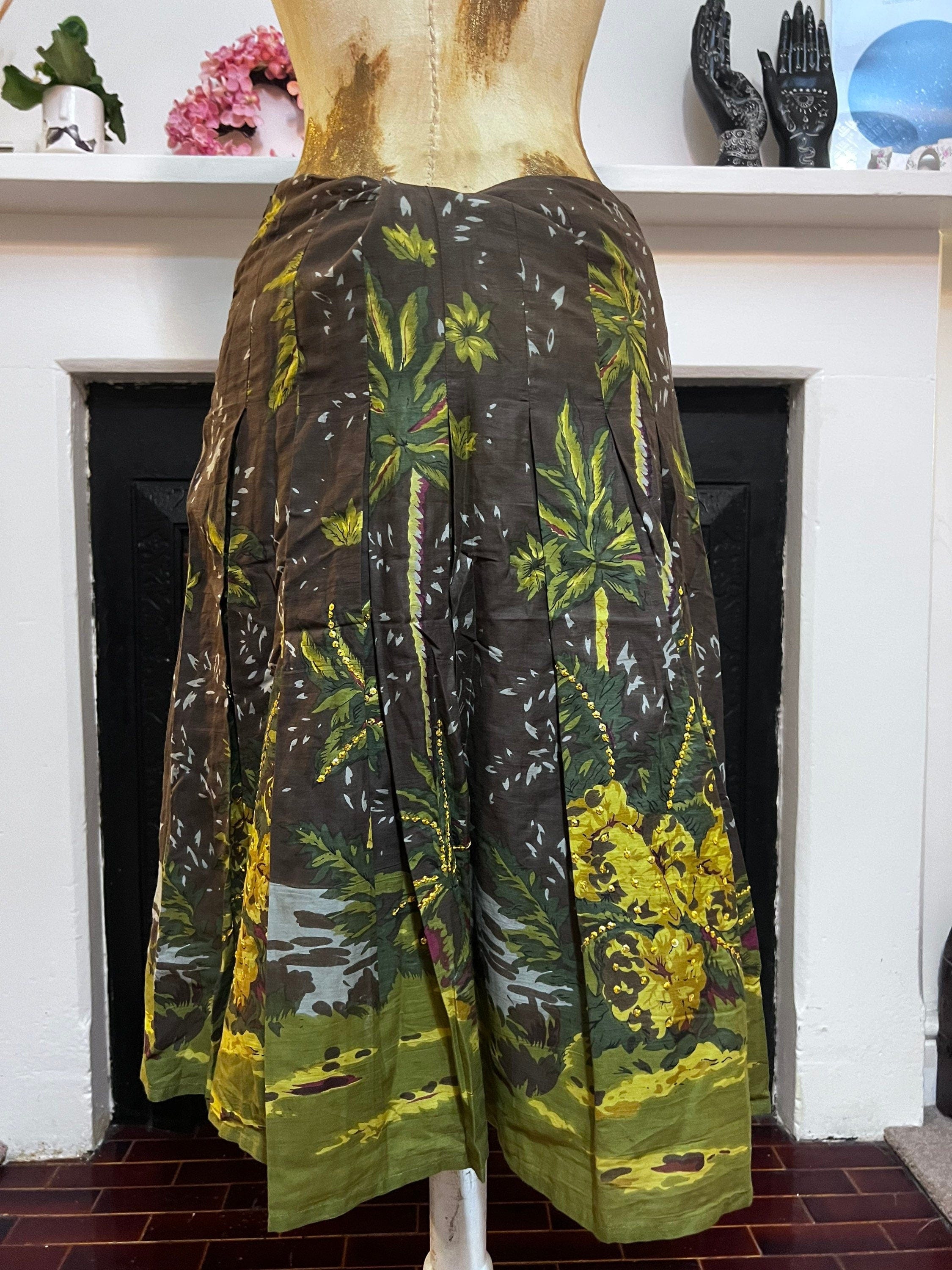 Vintage Linen Brown green Circle Skirt Palm tree sequins mid calf