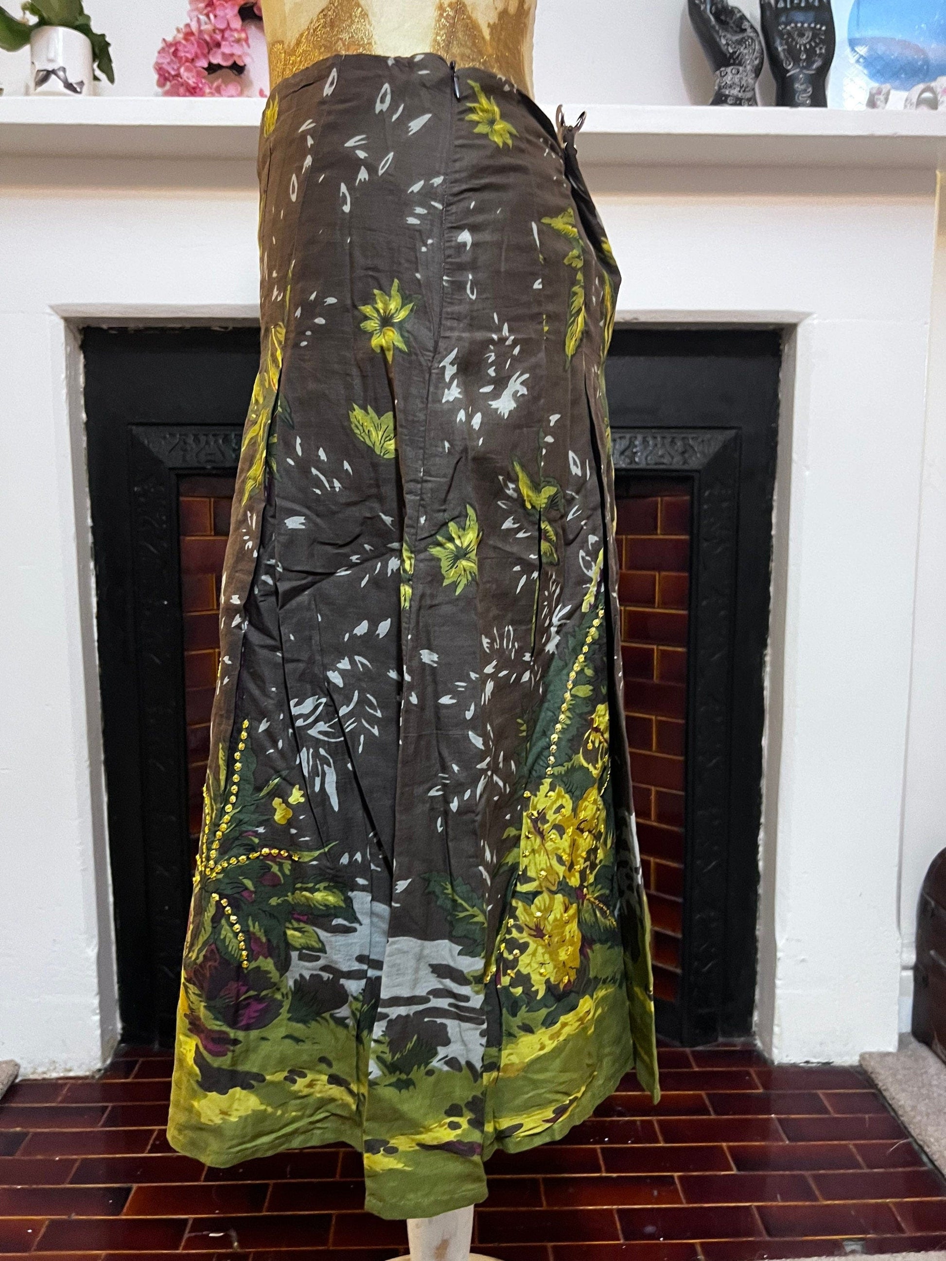 Vintage Linen Brown green Circle Skirt Palm tree sequins mid calf hippie skirt - Vintage Cortefiel UK12