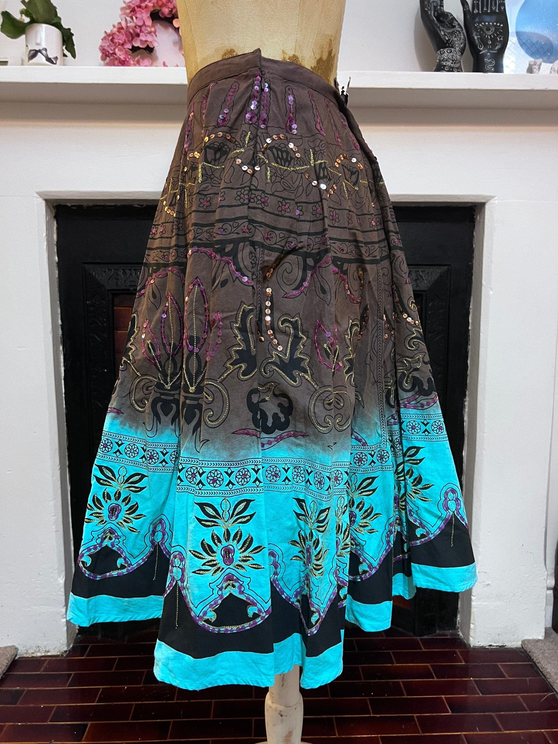 Vintage Linen Brown Turquoise Circle Skirt mid calf hippie skirt - Vintage Zara UK12