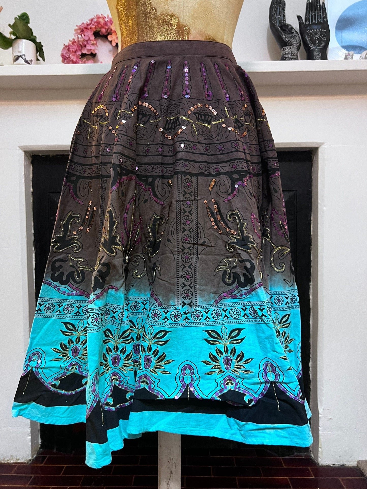 Vintage Linen Brown Turquoise Circle Skirt mid calf hippie skirt - Vintage Zara UK12