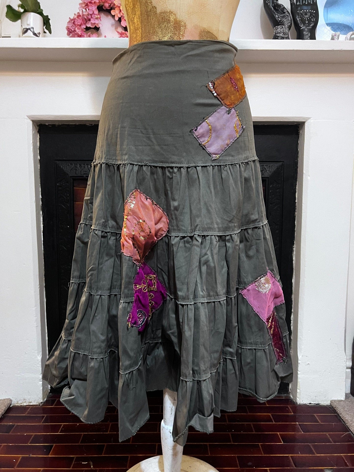 Vintage Linen Khaki green Asymmetric Skirt appliqué patches sequins mid calf hippie skirt - Italian Vintage  UK12