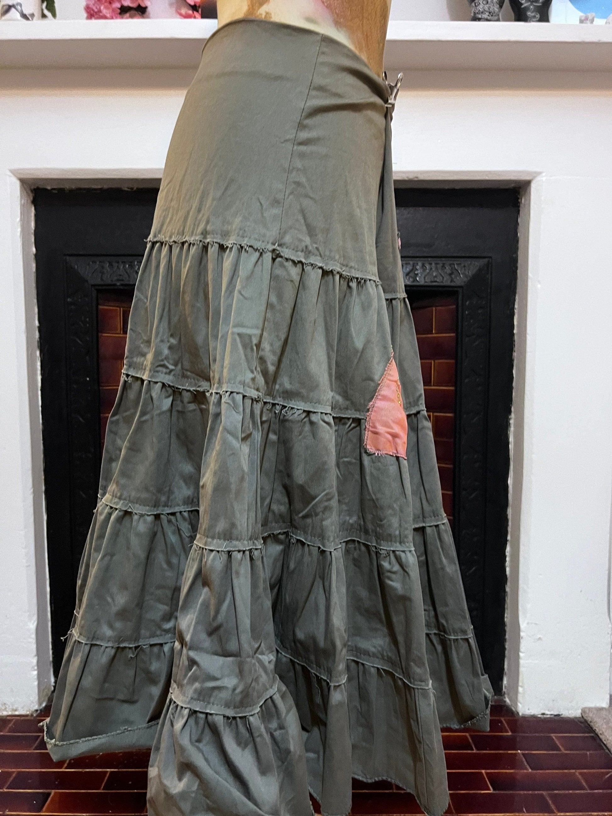 Vintage Linen Khaki green Asymmetric Skirt appliqué patches sequins mid calf hippie skirt - Italian Vintage  UK12