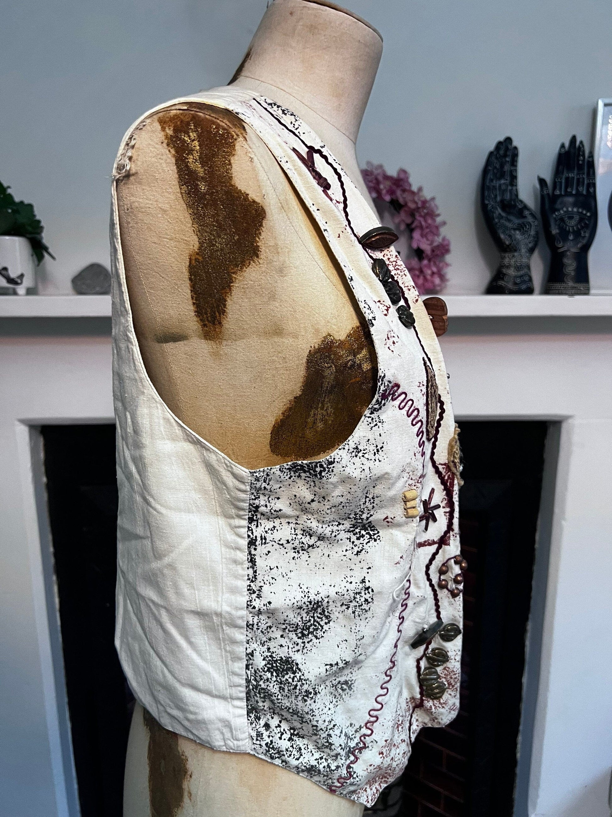 Vintage Linen Ladies Waistcoat Vest buttons and leaves UK Size 12-14 M-L by Cote a Cote Paris