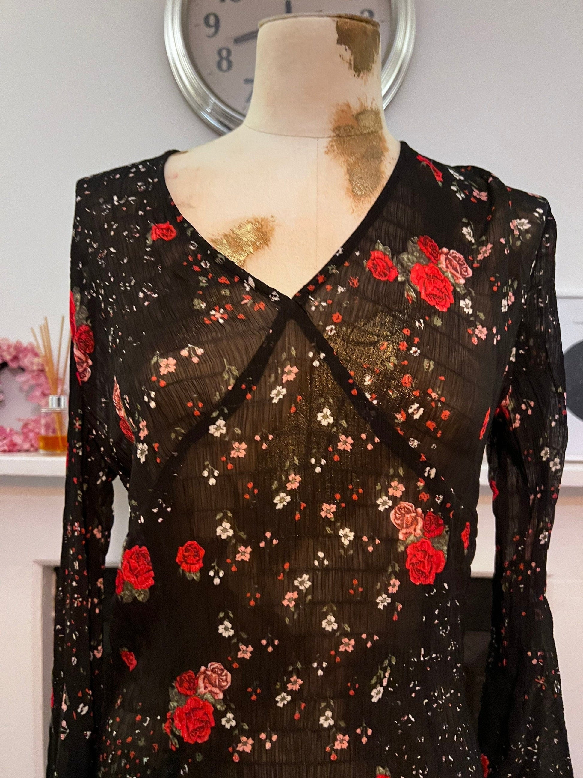 Vintage Long Sleeve top with huge bell sleeves sheer floral - black Floral Top deep v size UK10