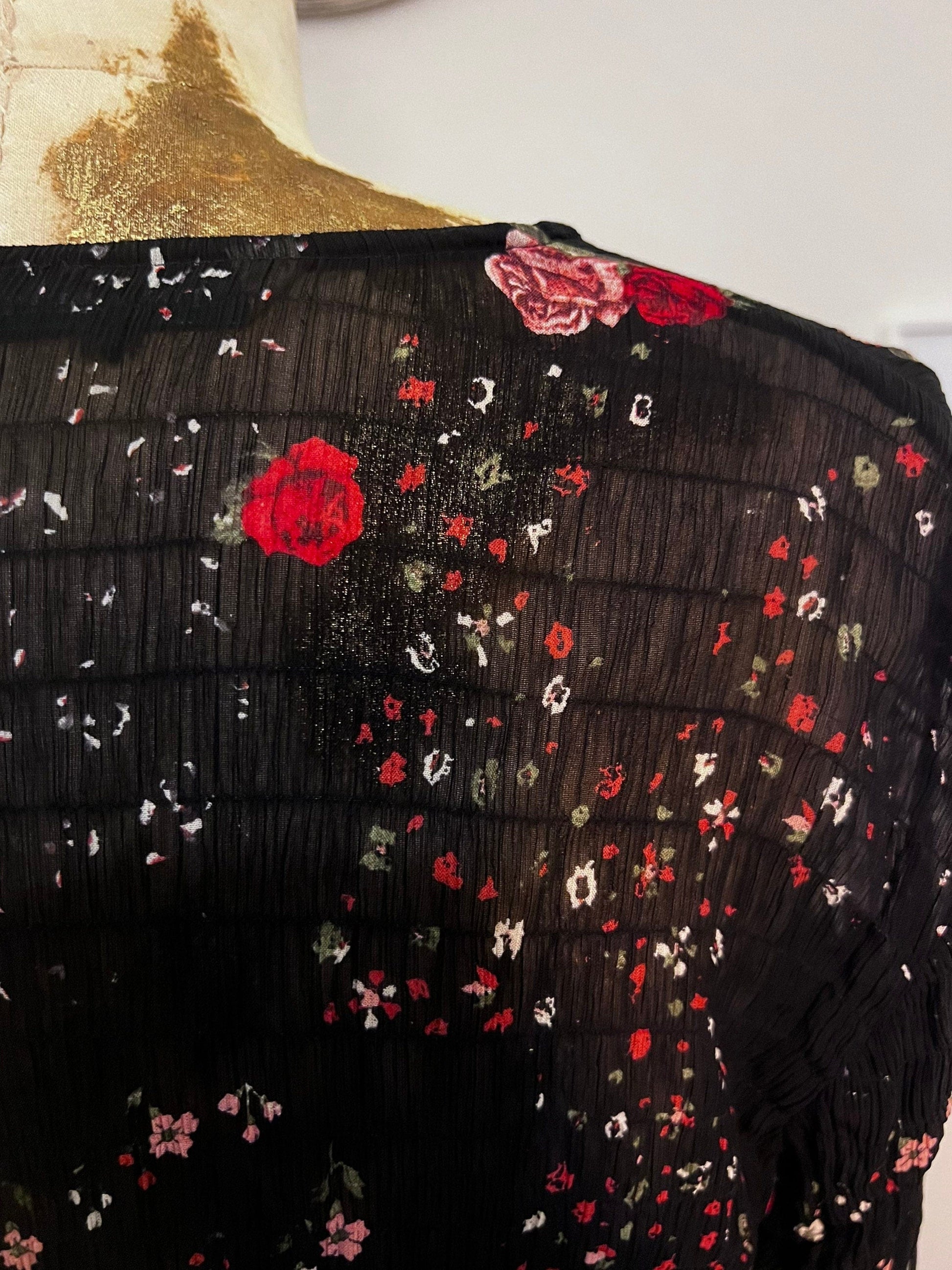 Vintage Long Sleeve top with huge bell sleeves sheer floral - black Floral Top deep v size UK10