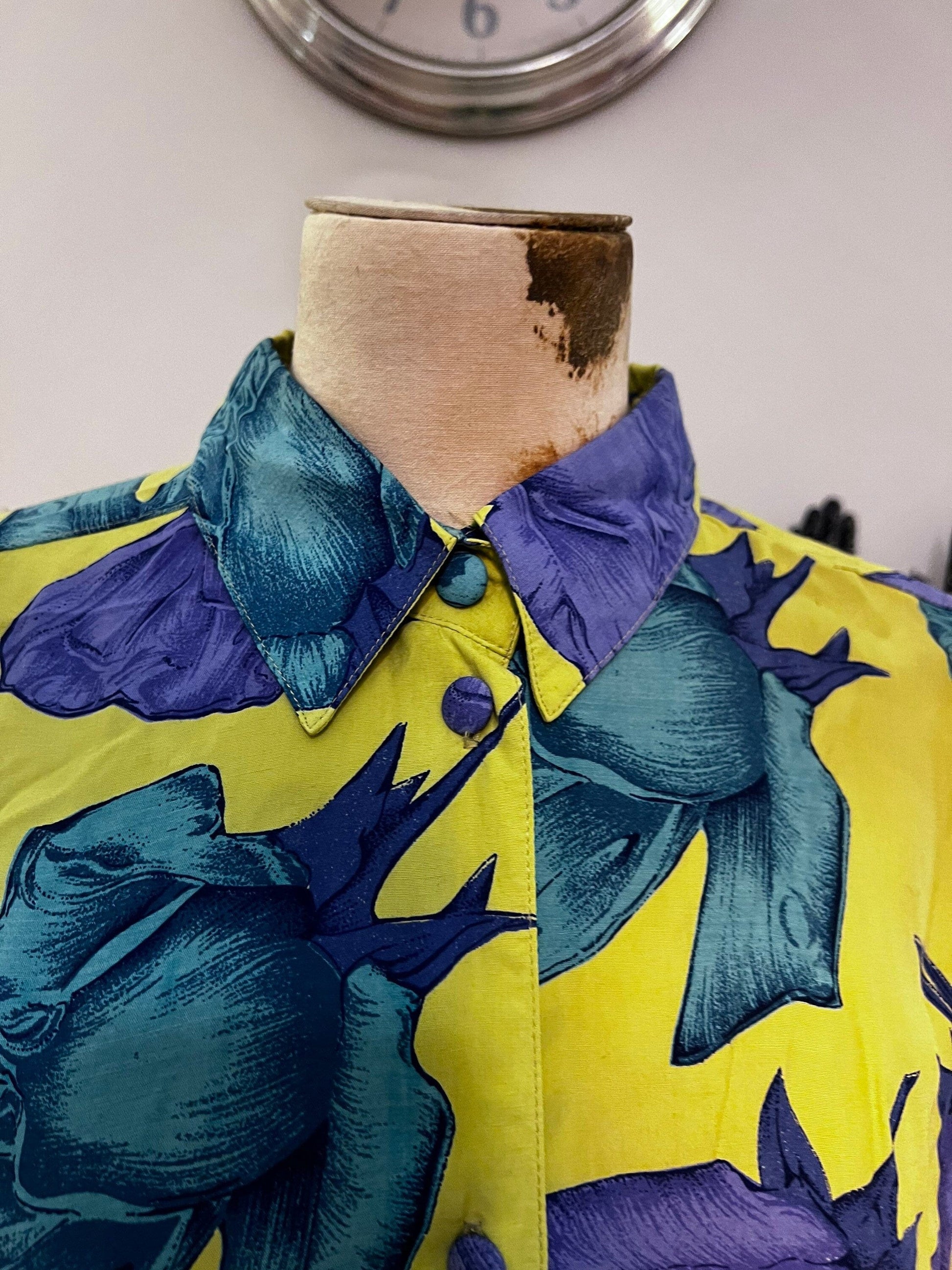 Vintage Longline 80s Bright blouse with tails lime, turquoise and purple floral blouse contrast buttons batwing Size Small but oversized
