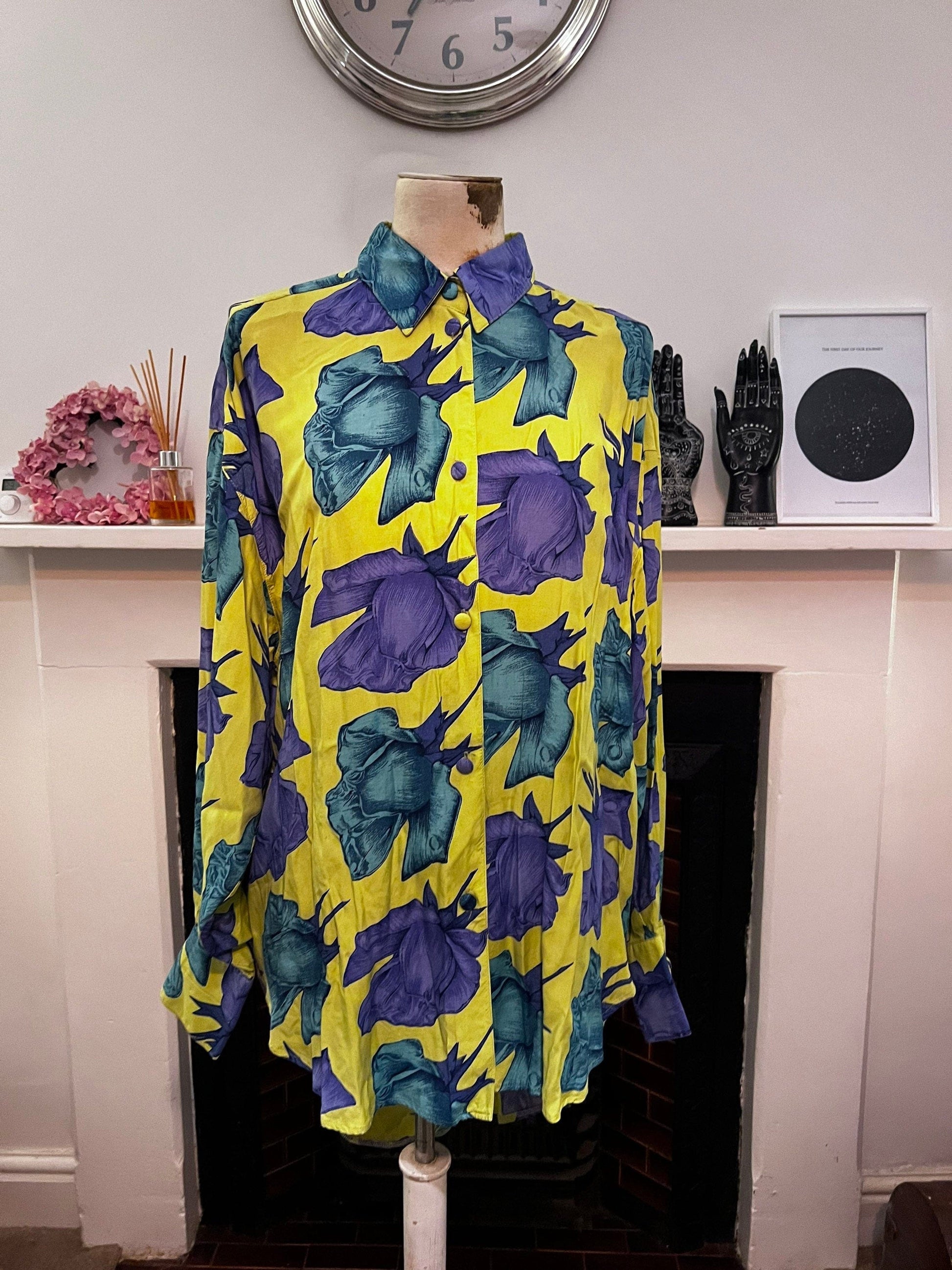 Vintage Longline 80s Bright blouse with tails lime, turquoise and purple floral blouse contrast buttons batwing Size Small but oversized