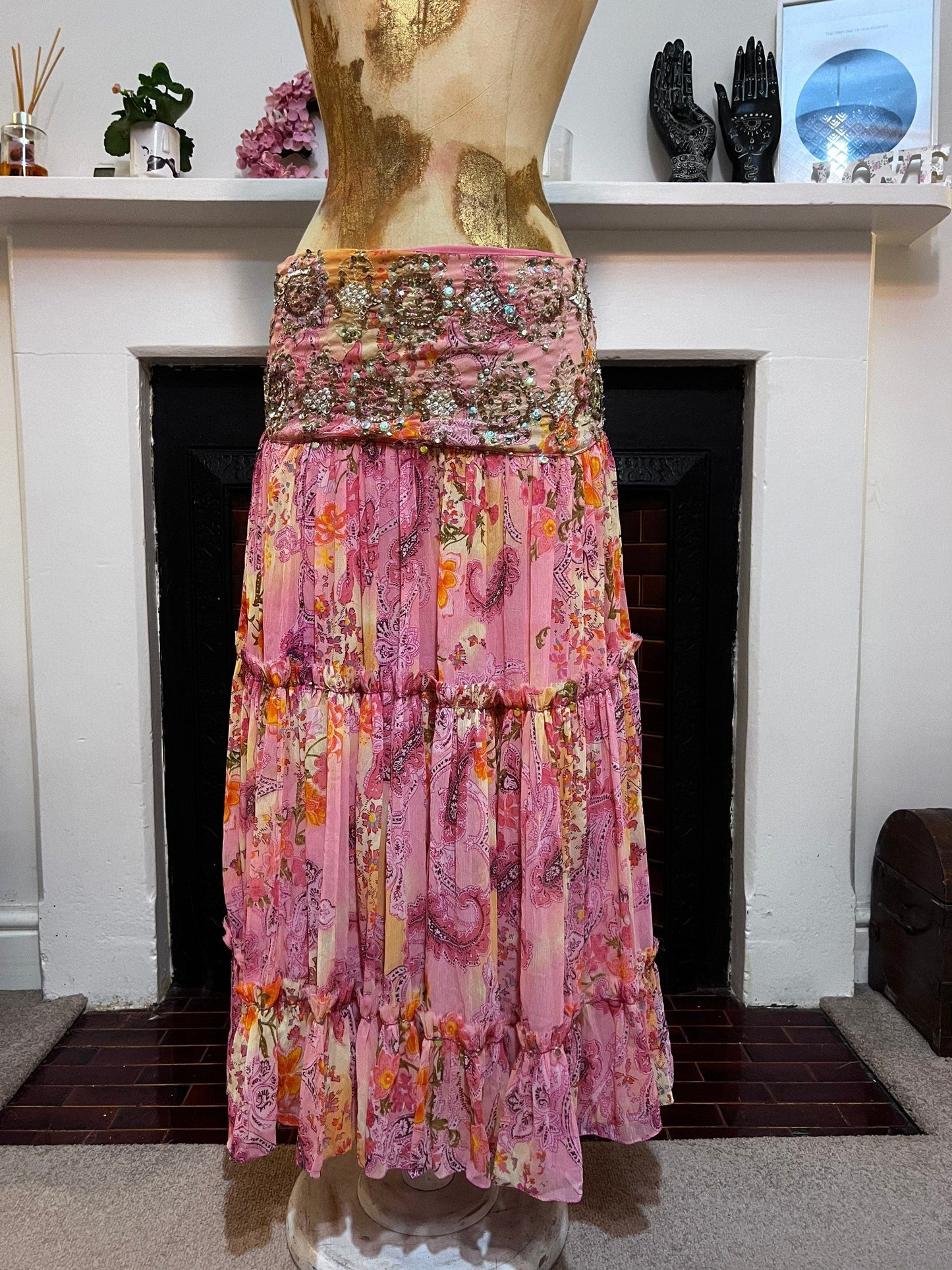 Vintage Pink Floral Paisley Layered sequinned Goth Hippie Skirt full length multi layer maxi skirt