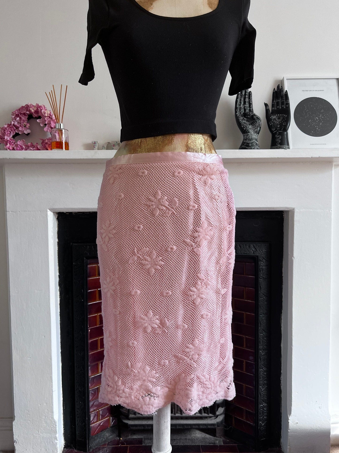 Vintage Pink Lace Overlayed Skirt - French Connection Stretch Lace UK12  Stretch Lace Lined Skirt - Unworn Y2K