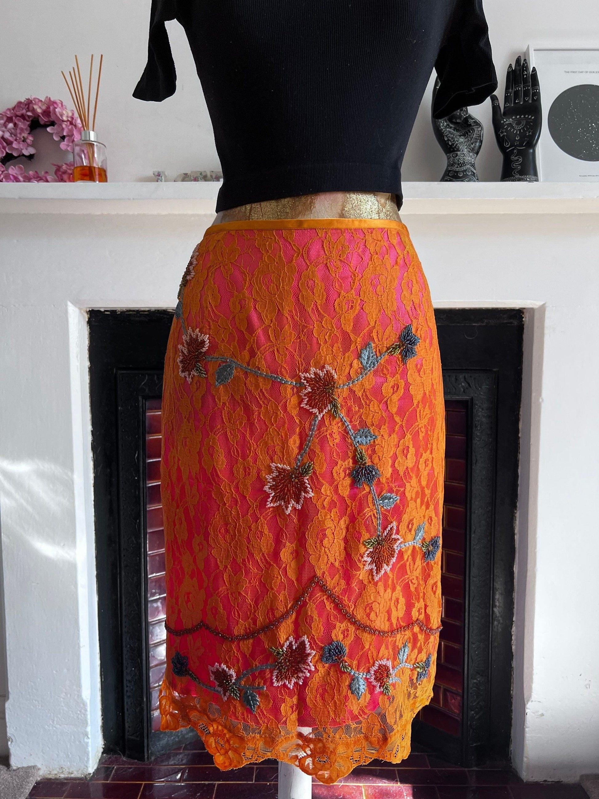 Vintage Pink Orange Lace Evening Skirt - Karen Millen Stretch Lace UK10  Stretch Lace Lined Contrast Skirt with beautiful beading
