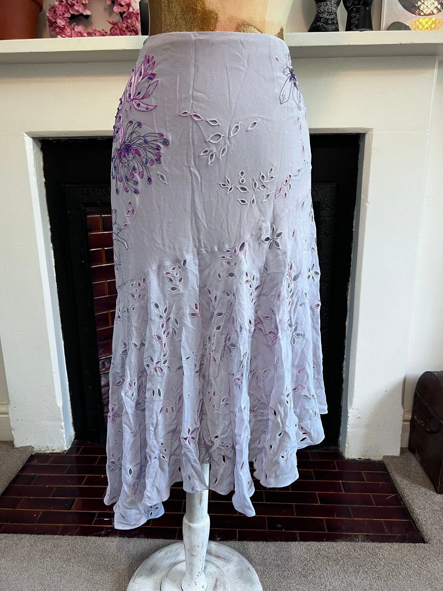 Vintage Purple Silk Skirt - Karen Millen Stretch Lace UK12 lilac Lined Skirt - Asymmetric Pixie Hem