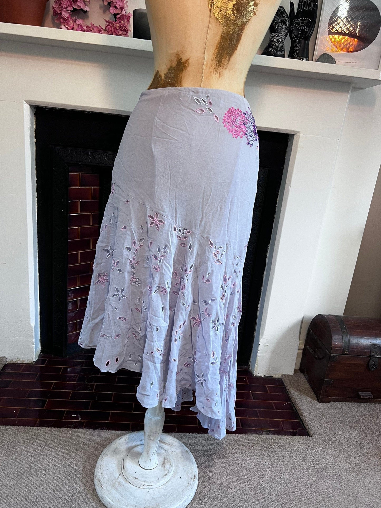 Vintage Purple Silk Skirt - Karen Millen Stretch Lace UK12 lilac Lined Skirt - Asymmetric Pixie Hem