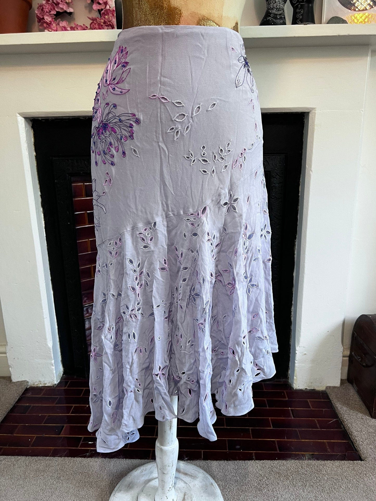 Vintage Purple Silk Skirt - Karen Millen Stretch Lace UK12 lilac Lined Skirt - Asymmetric Pixie Hem