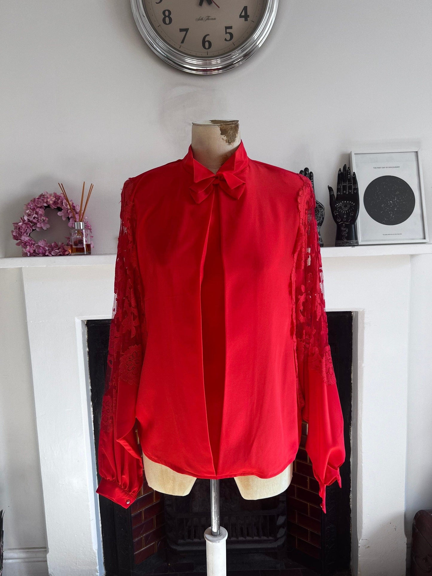 Vintage Red Blouse Batwing - Lace sleeves Pleat Front high neck Semi Sheer Shirt - UKM