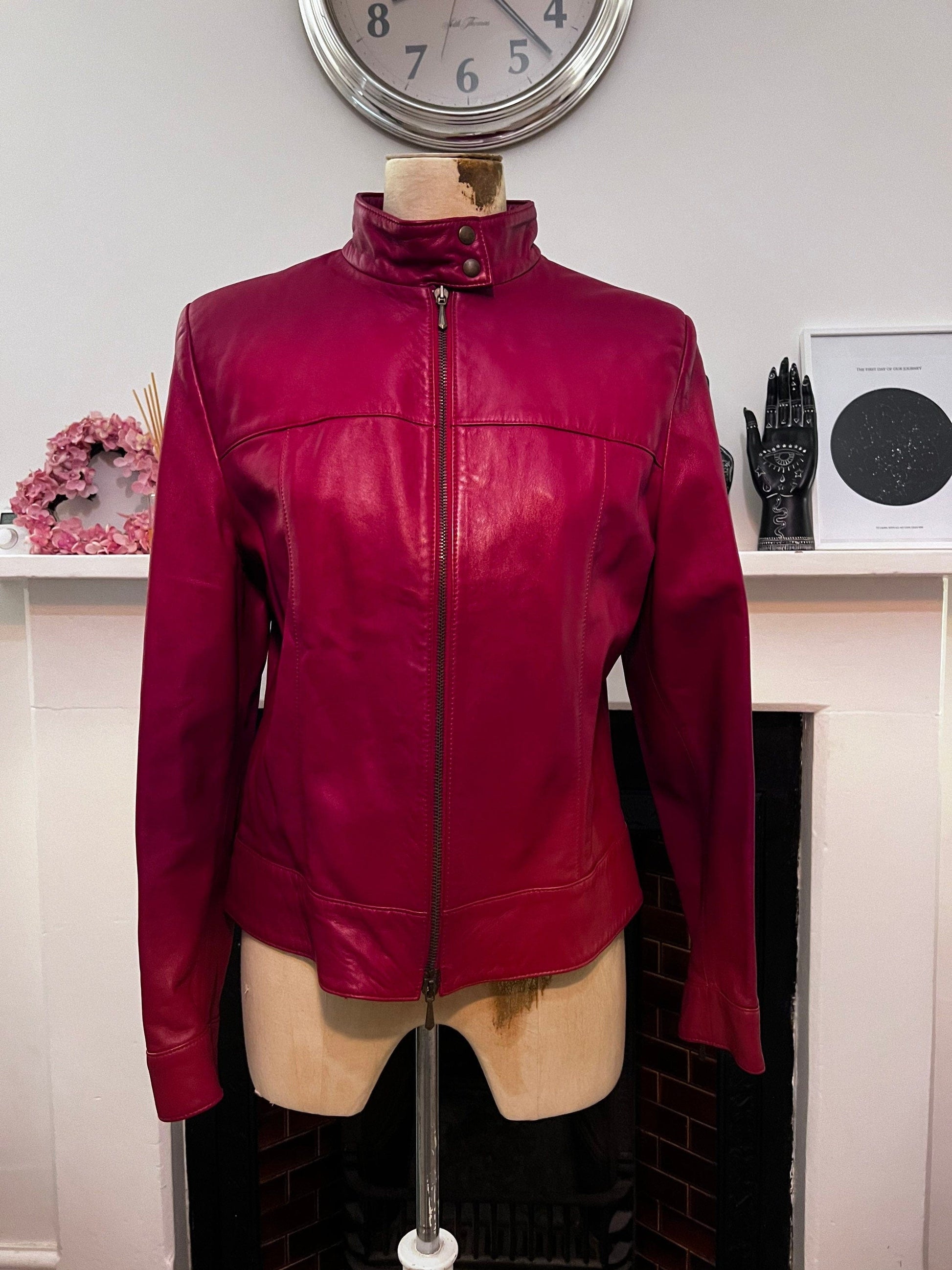 Vintage Red Leather Biker Jacket 1990s St Michael Marks and Spencer - Deep Red shiny leather Biker Jacket