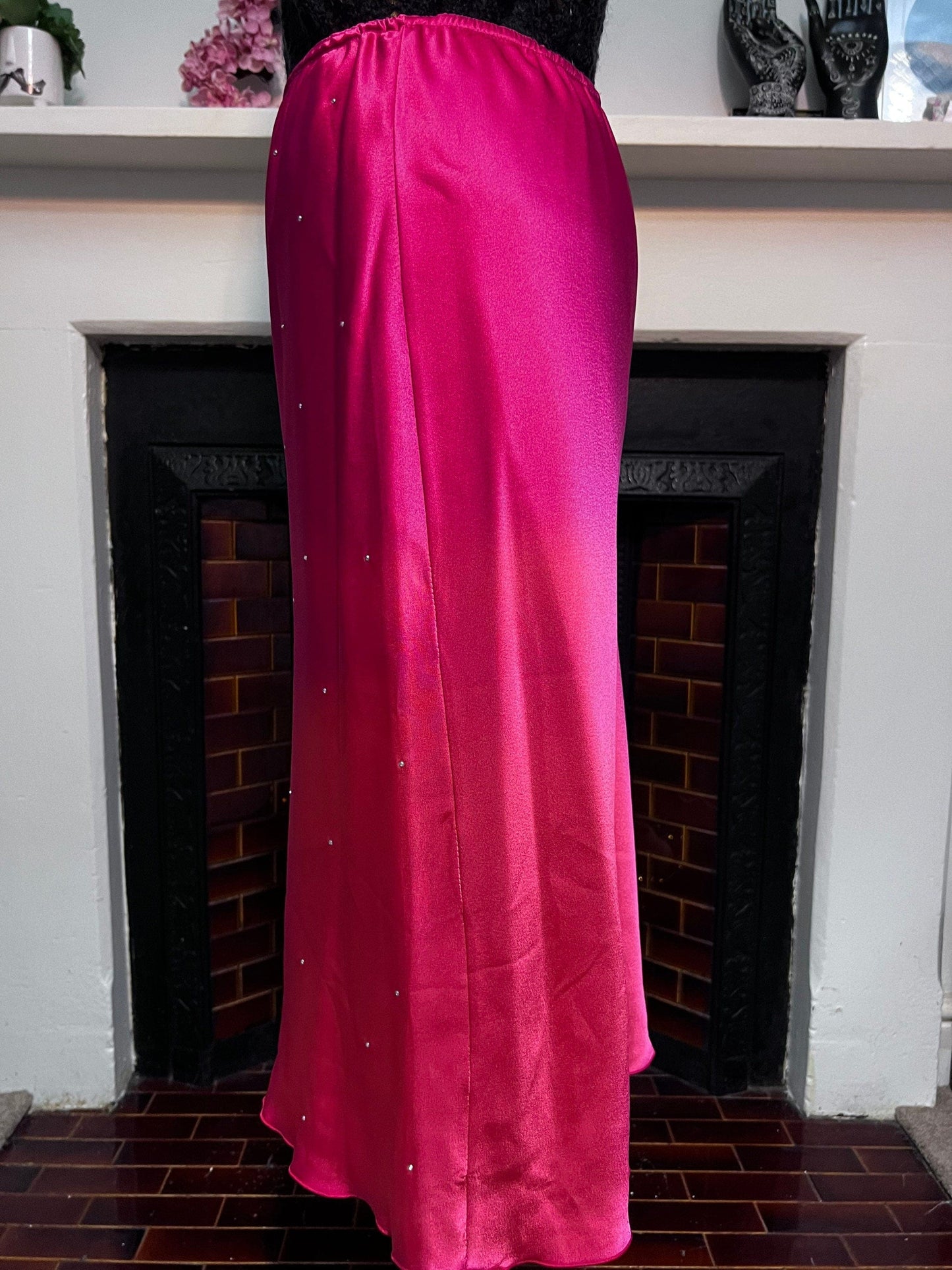Vintage Red Satin Diamanté Patsy Seddon Knee Length Skirt UK size 12-  scarlet red Stretch Satin Evening Skirt with Diamanté