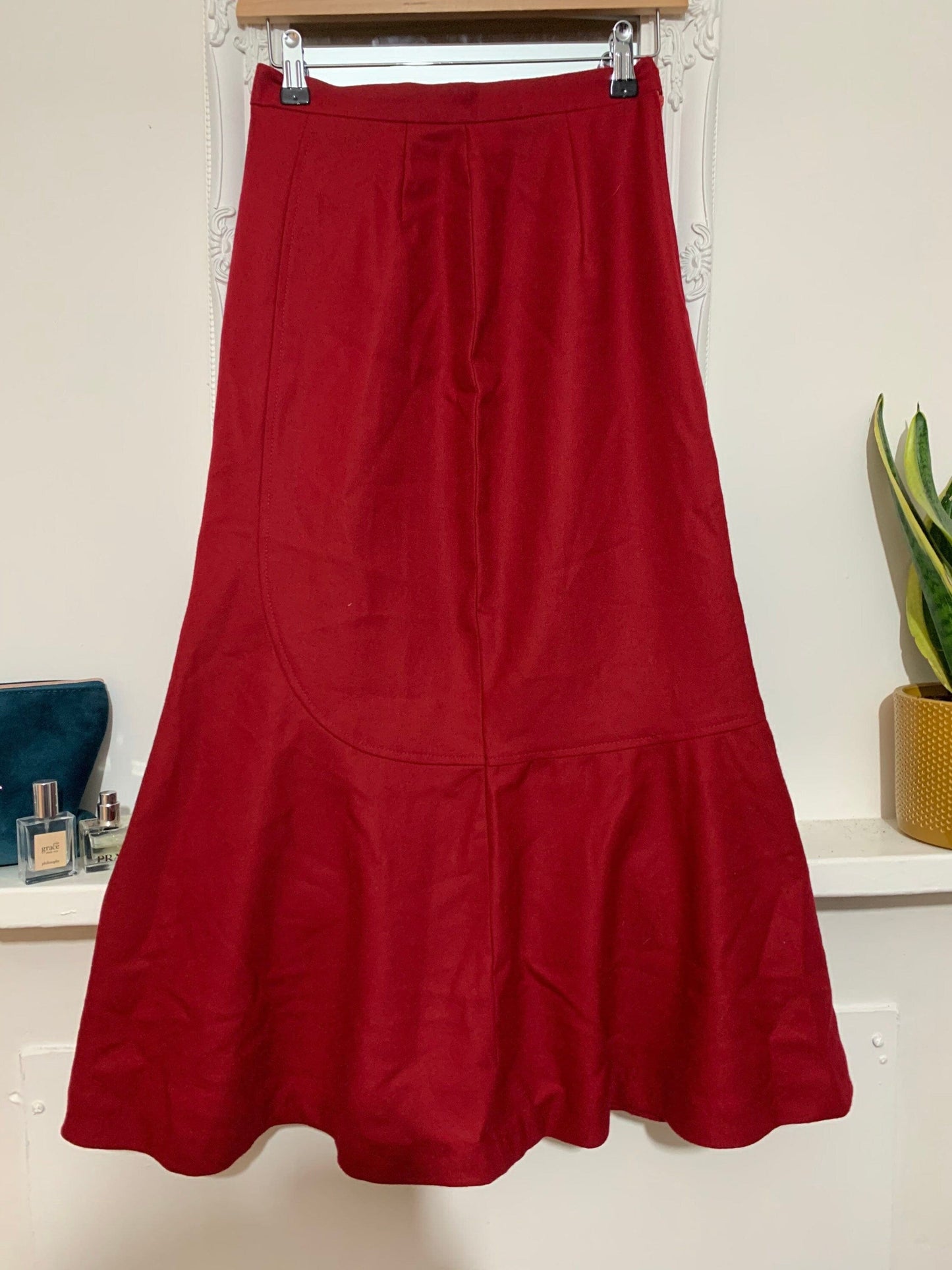 Vintage Red Wool Skirt - A Line with slightly flared hem - UK8 - 1970s