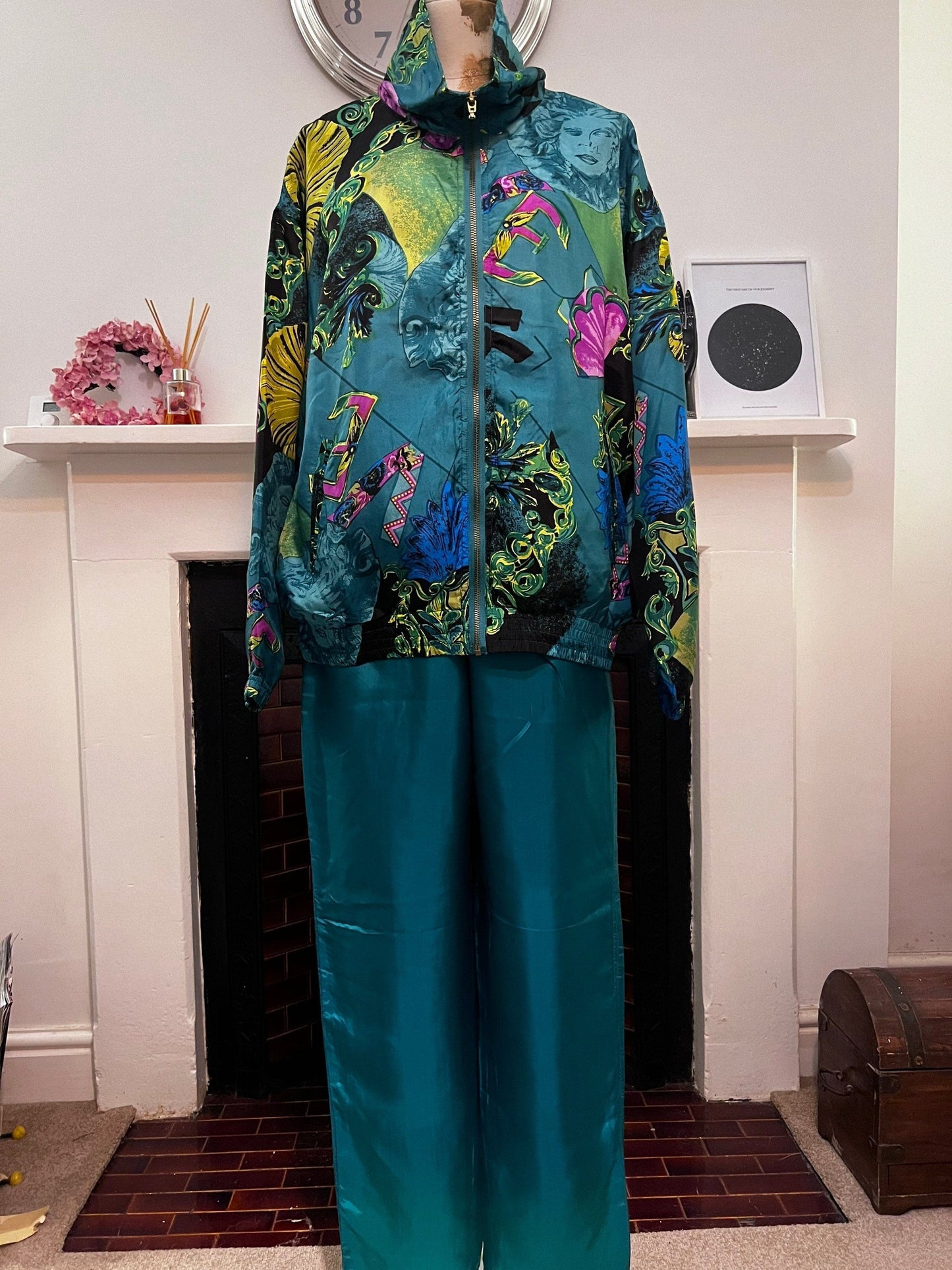 Vintage Shell Suit 100% Silk Bright Green Pink Print- Silk Drawstring Trousers & Silk Shell Suit Tracksuit DIV Rousso Apparel - EVR