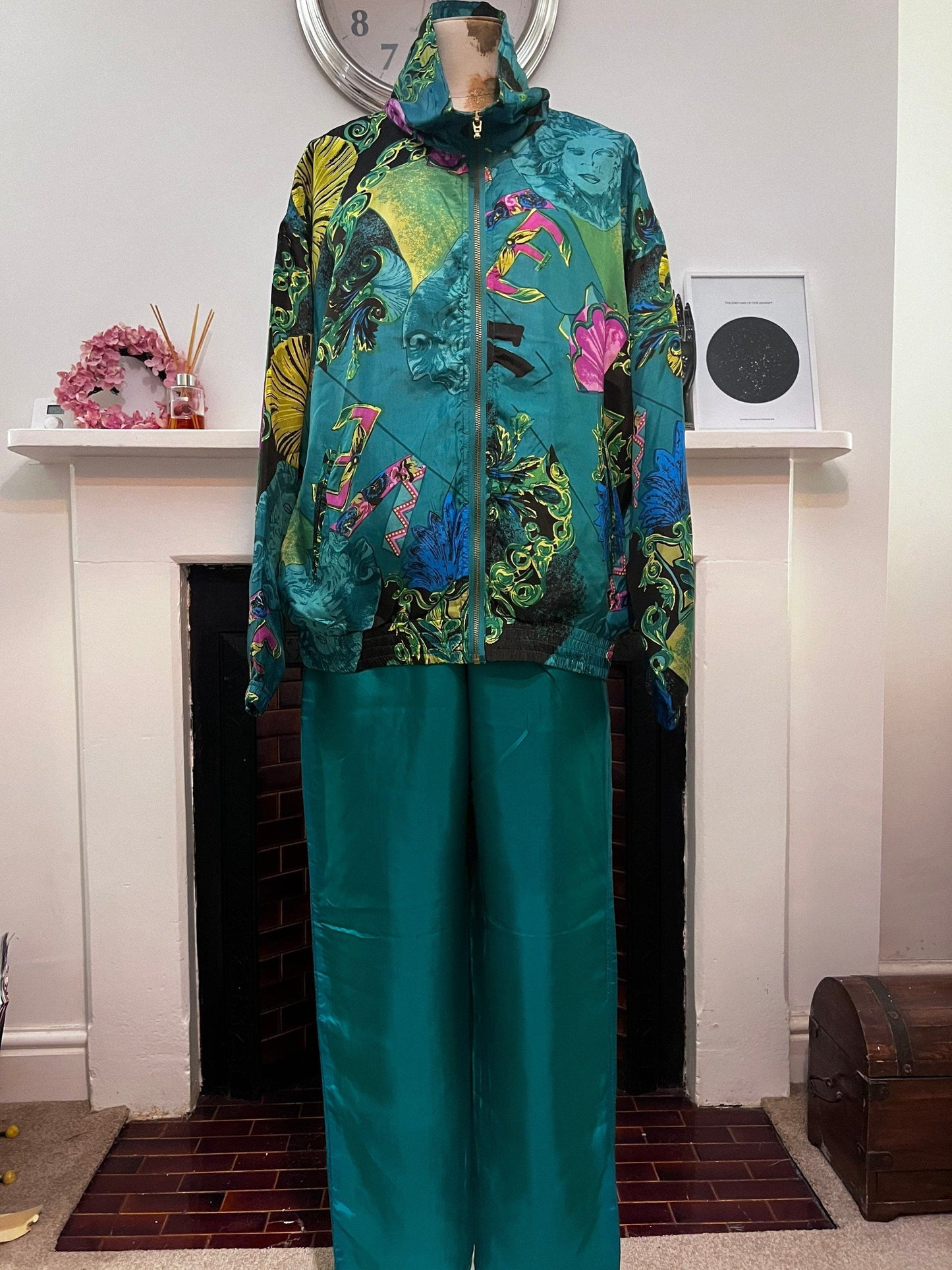 Vintage Shell Suit 100% Silk Bright Green Pink Print- Silk Drawstring Trousers & Silk Shell Suit Tracksuit DIV Rousso Apparel - EVR