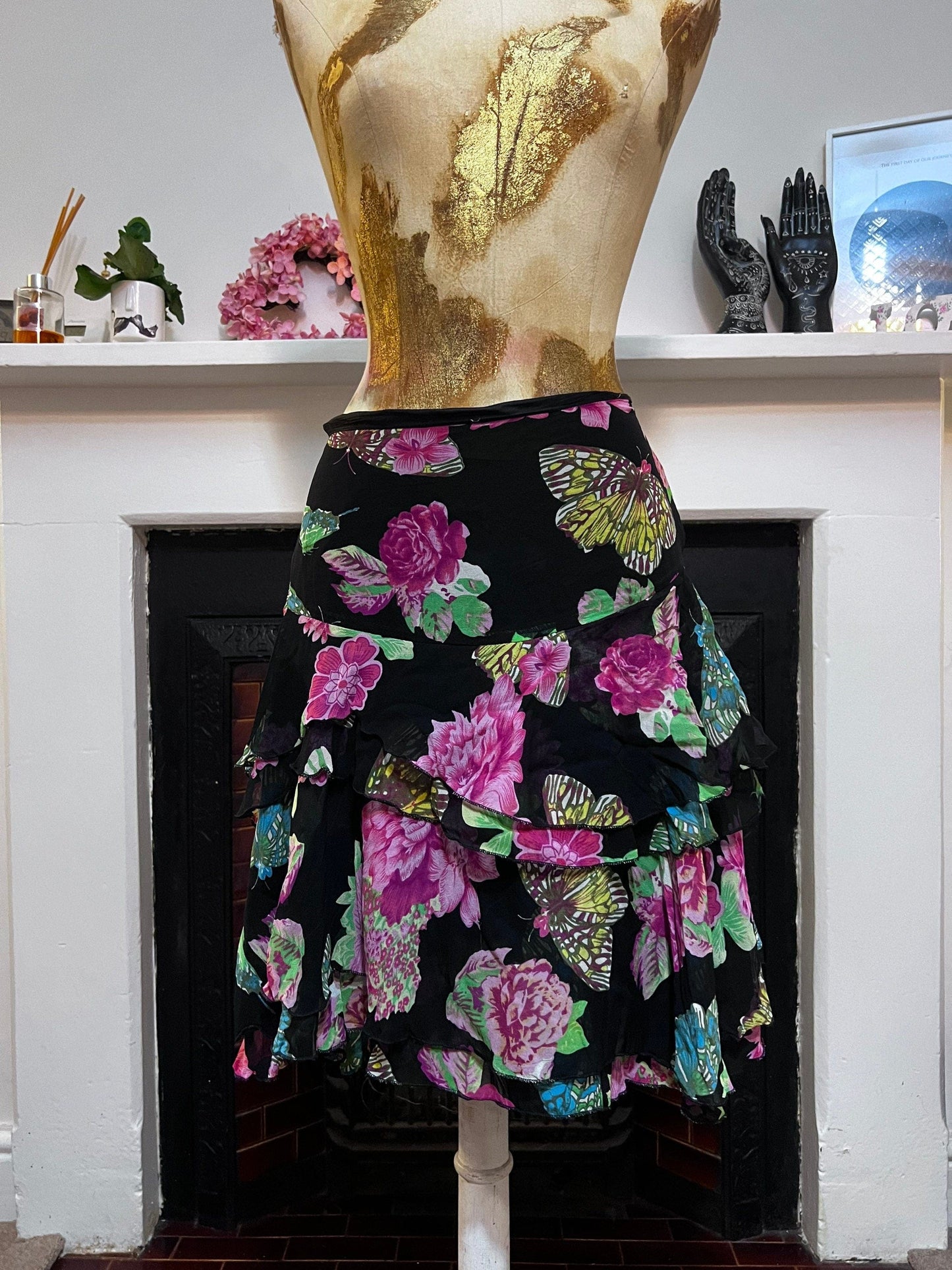 vintage  silk chiffon black floral skirt - black yellow pink butterfly flowers skirt with side zip - chiffon layered - Jeff Gallano Paris