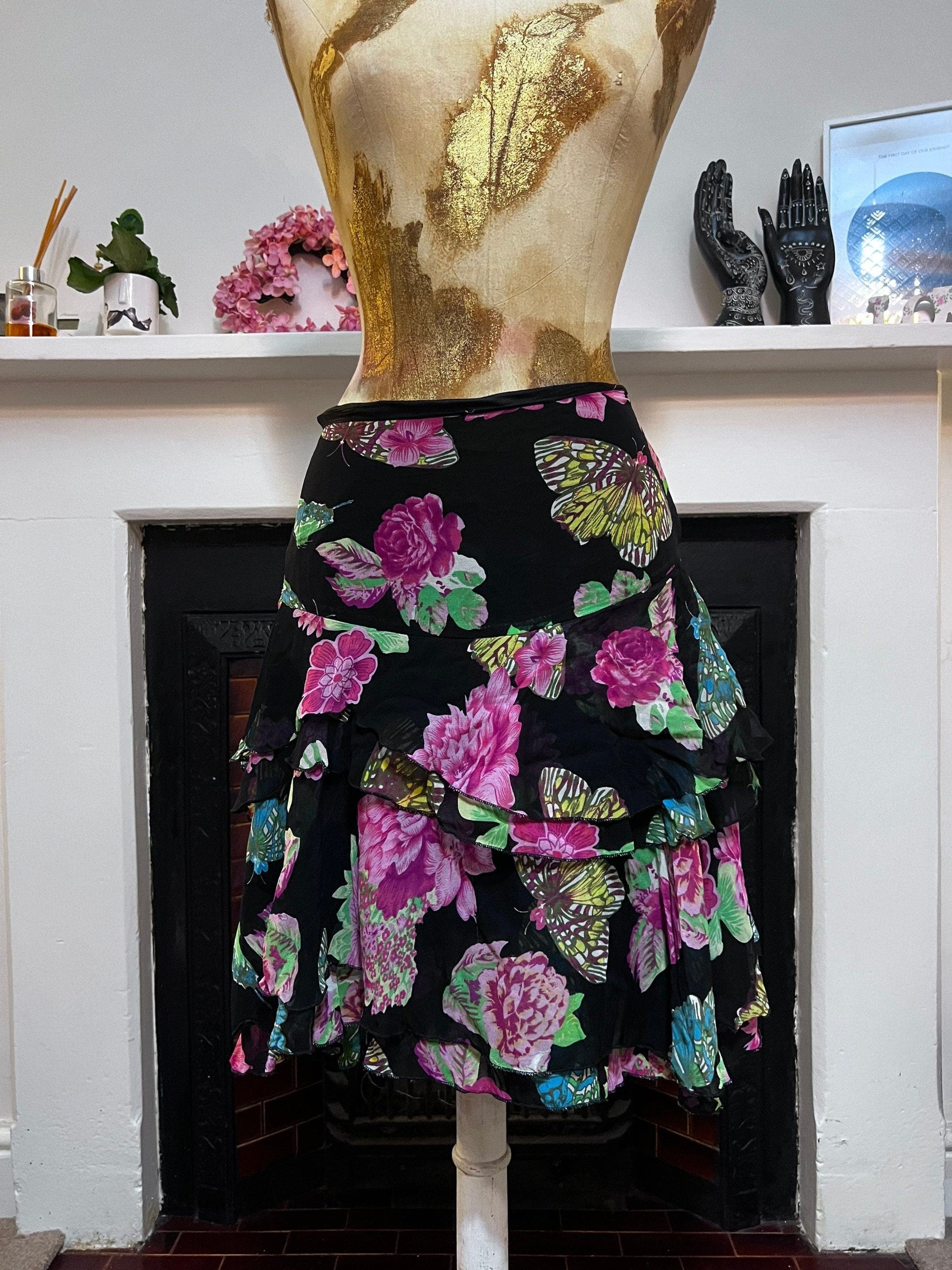 vintage  silk chiffon black floral skirt - black yellow pink butterfly flowers skirt with side zip - chiffon layered - Jeff Gallano Paris
